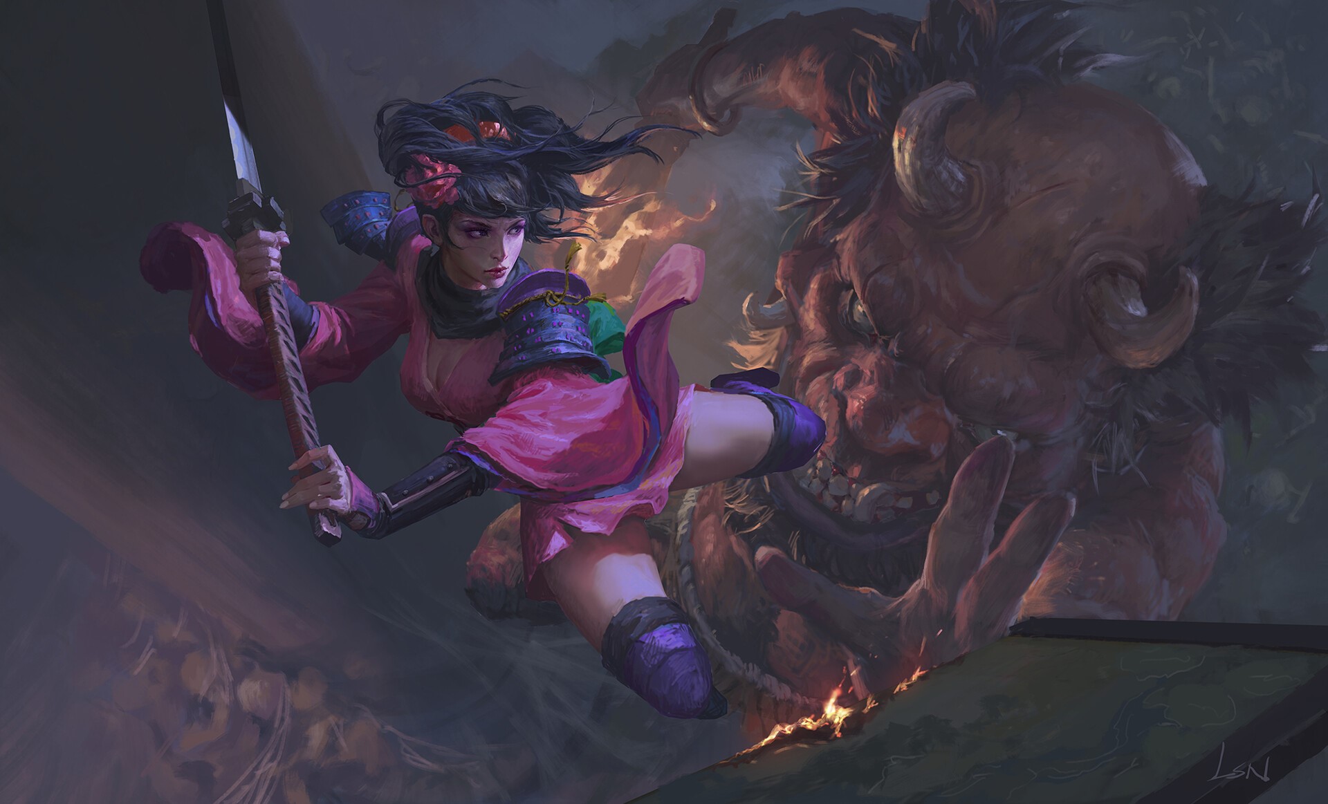 Momohime fighting a demon with a katana in Muramasa: The Demon Blade HD Wallpaper