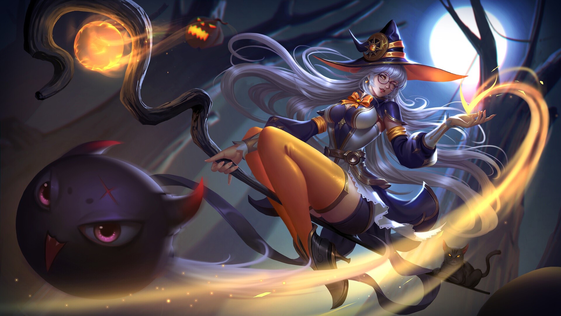 Fantasy witch with long hair flying on a broomstick HD Wallpaper