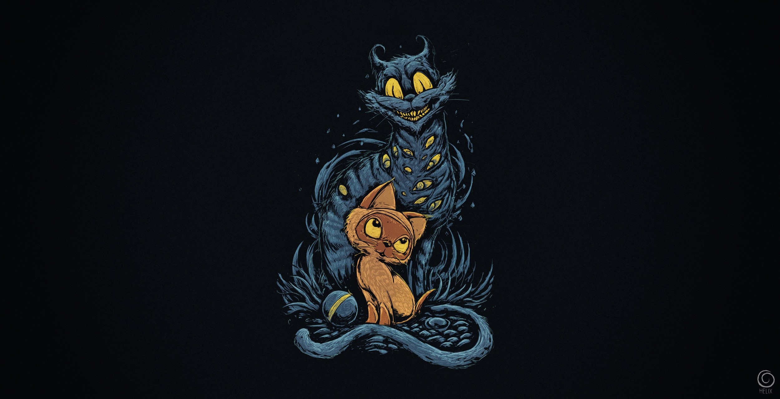 Two cats, one monstrous, on a black background HD Wallpaper
