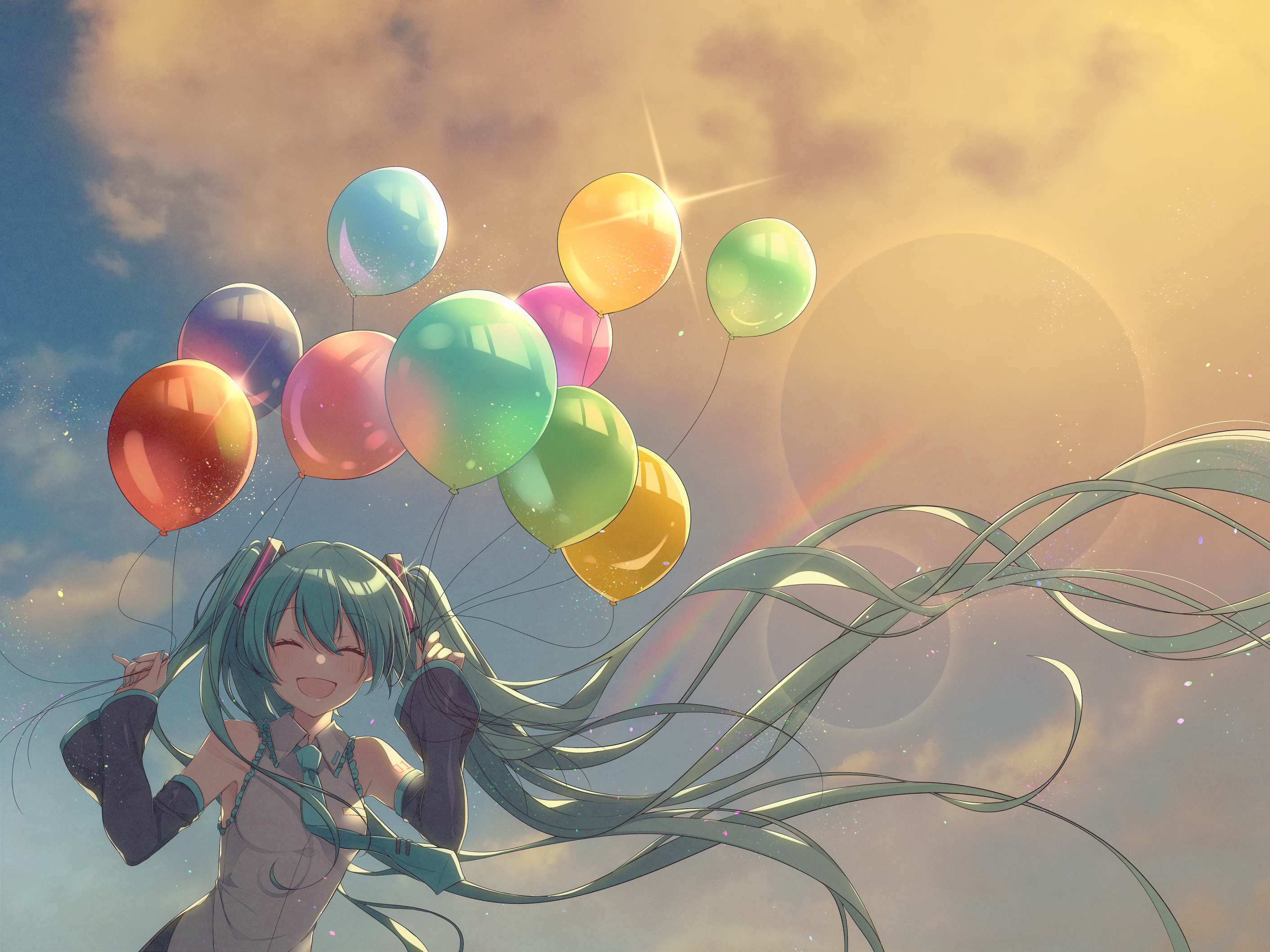 Hatsune Miku holding balloons in the sky HD Wallpaper