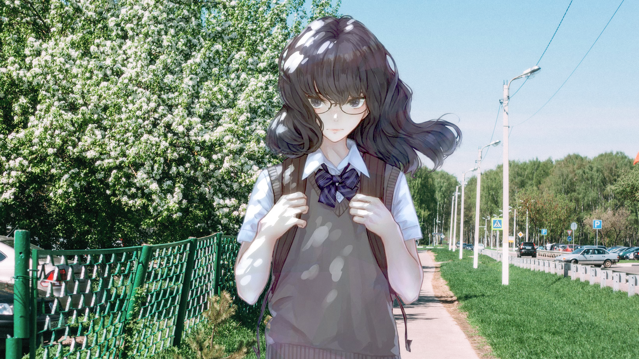 Anime girl in school uniform walking on a street HD Wallpaper