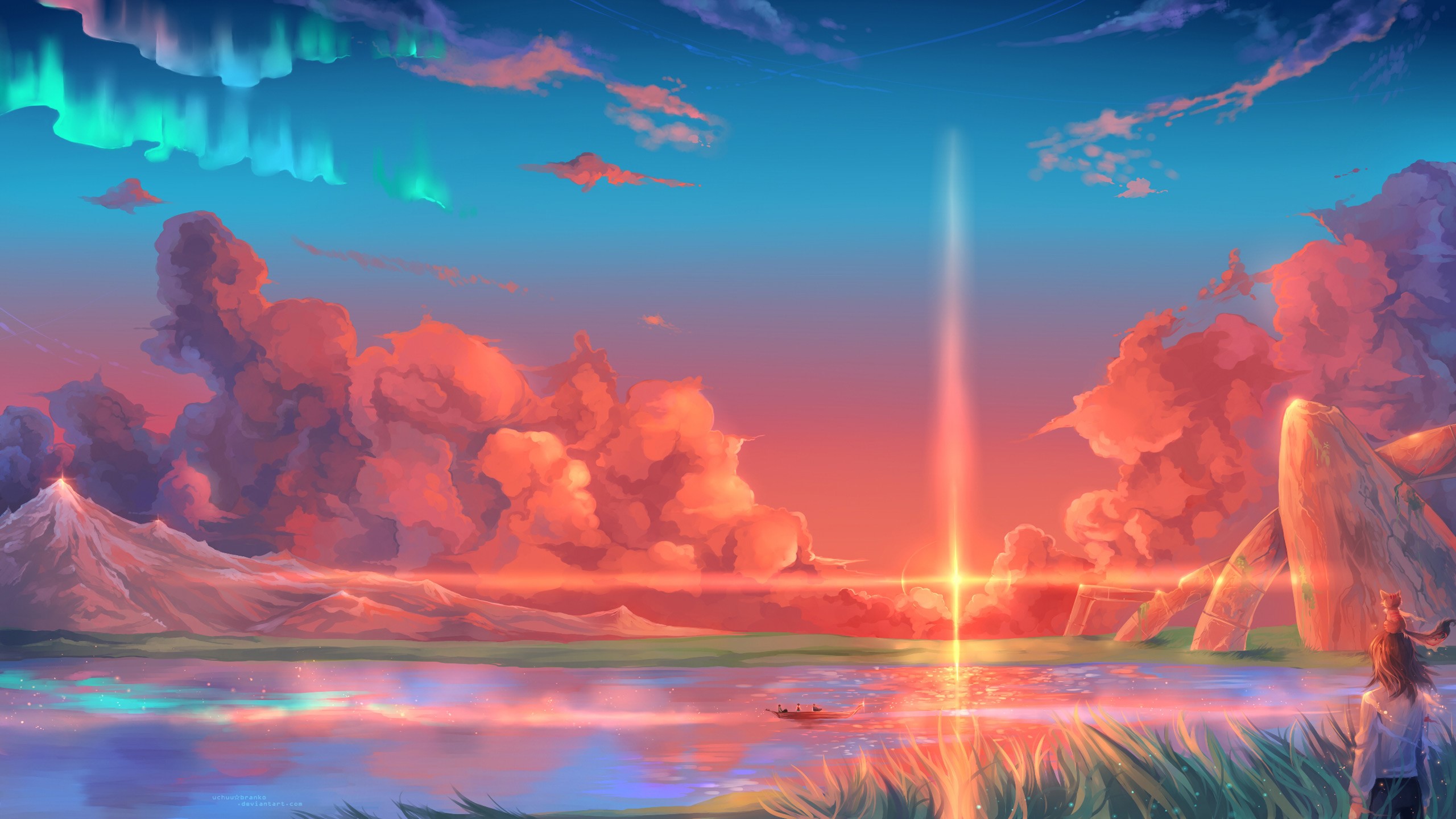 Anime landscape with aurora and sunset HD Wallpaper