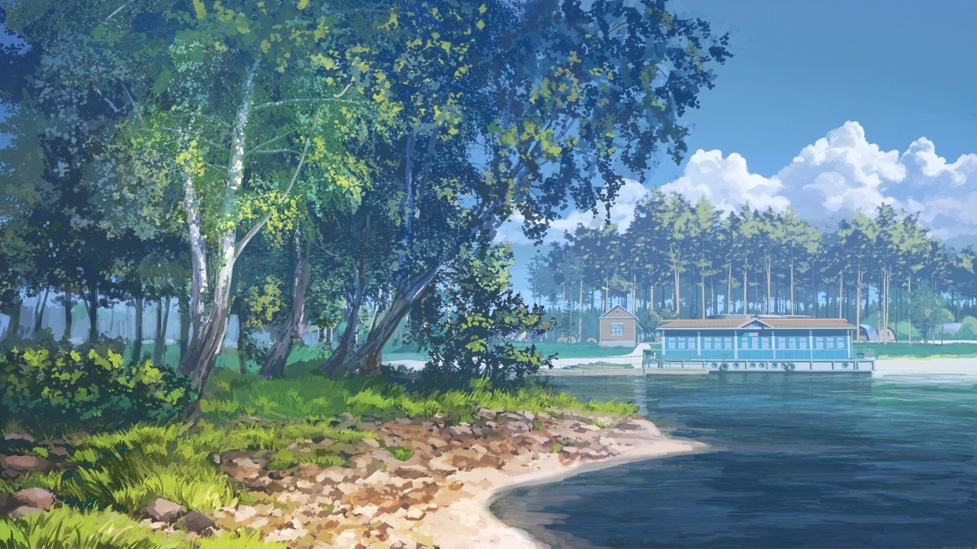 Anime landscape with a lake and trees HD Wallpaper