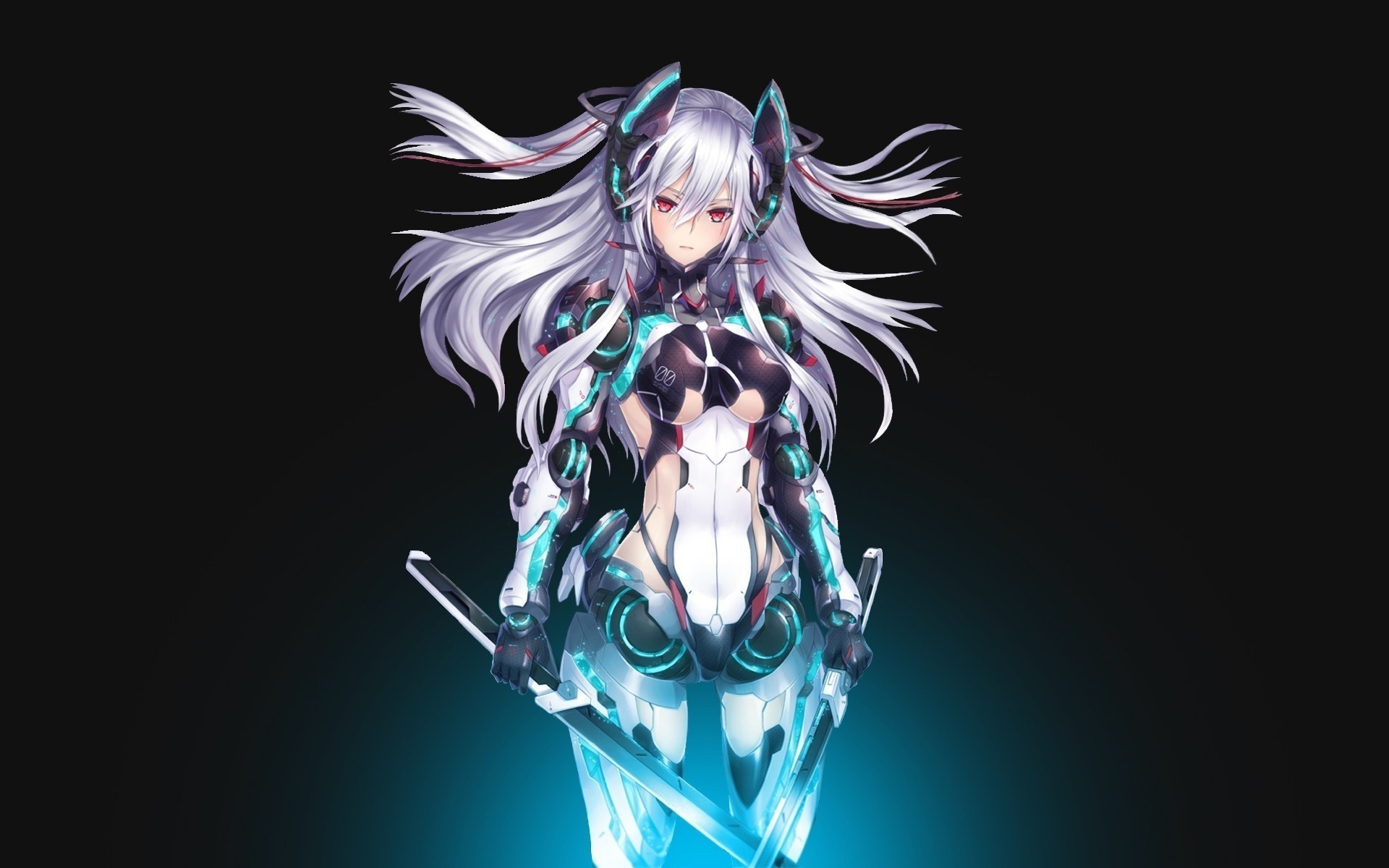 Anime mecha girl with white hair and swords HD Wallpaper