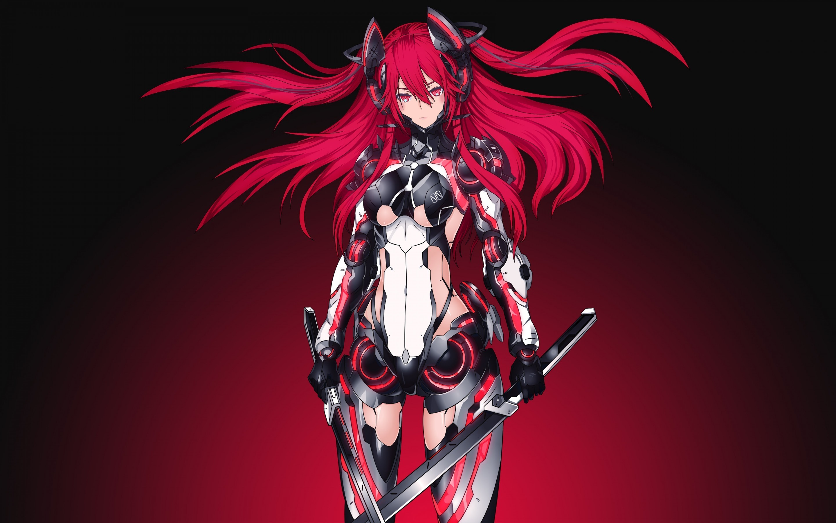 Anime mecha girl with red hair and swords HD Wallpaper