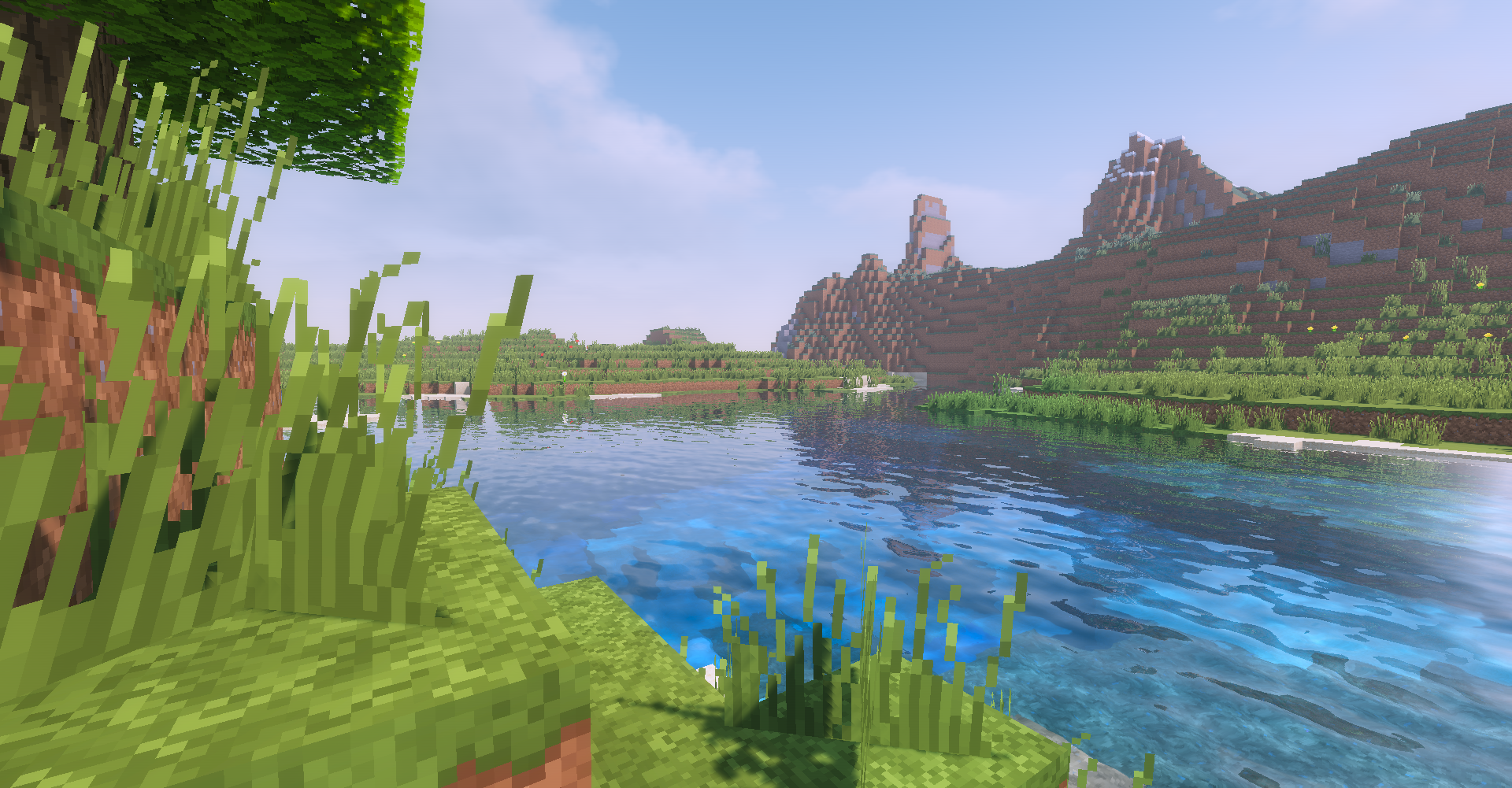 Minecraft landscape with lake and mountains HD Wallpaper