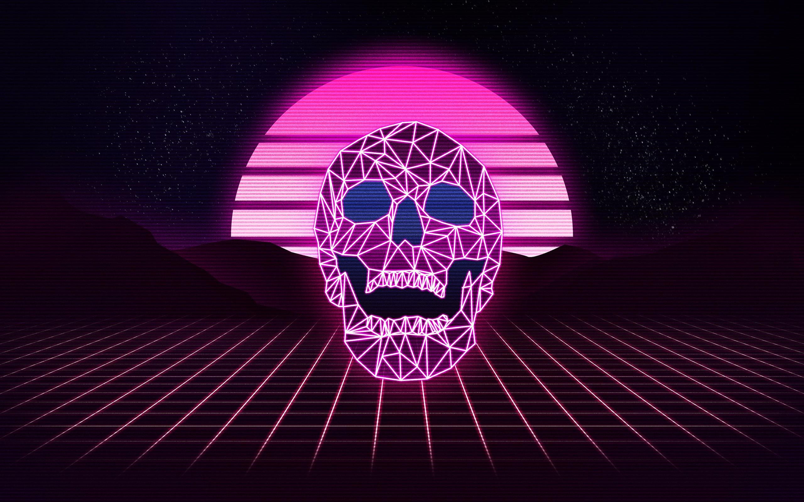 Neon wireframe skull in synthwave landscape HD Wallpaper