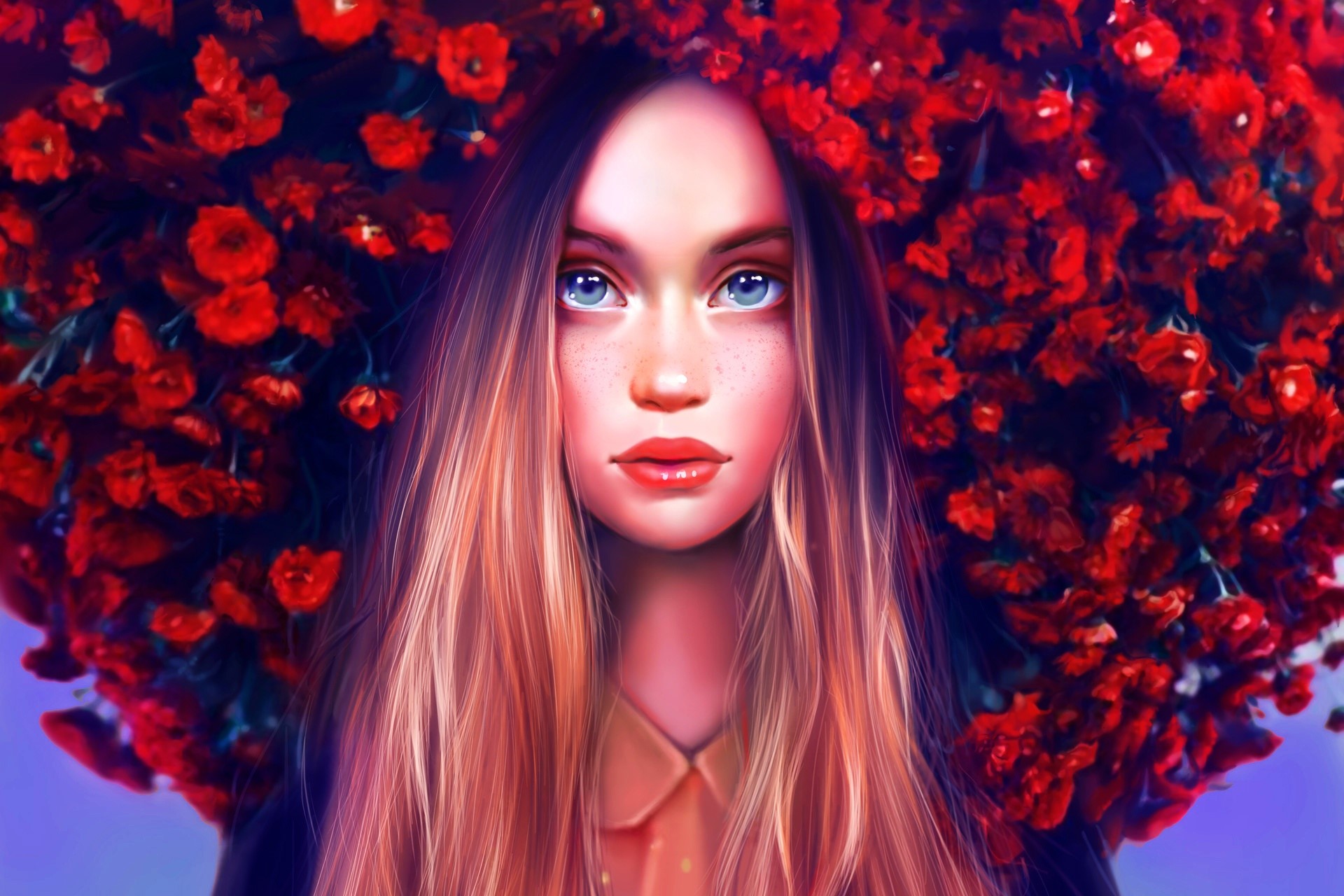 Artwork of a woman with long hair and red flowers HD Wallpaper