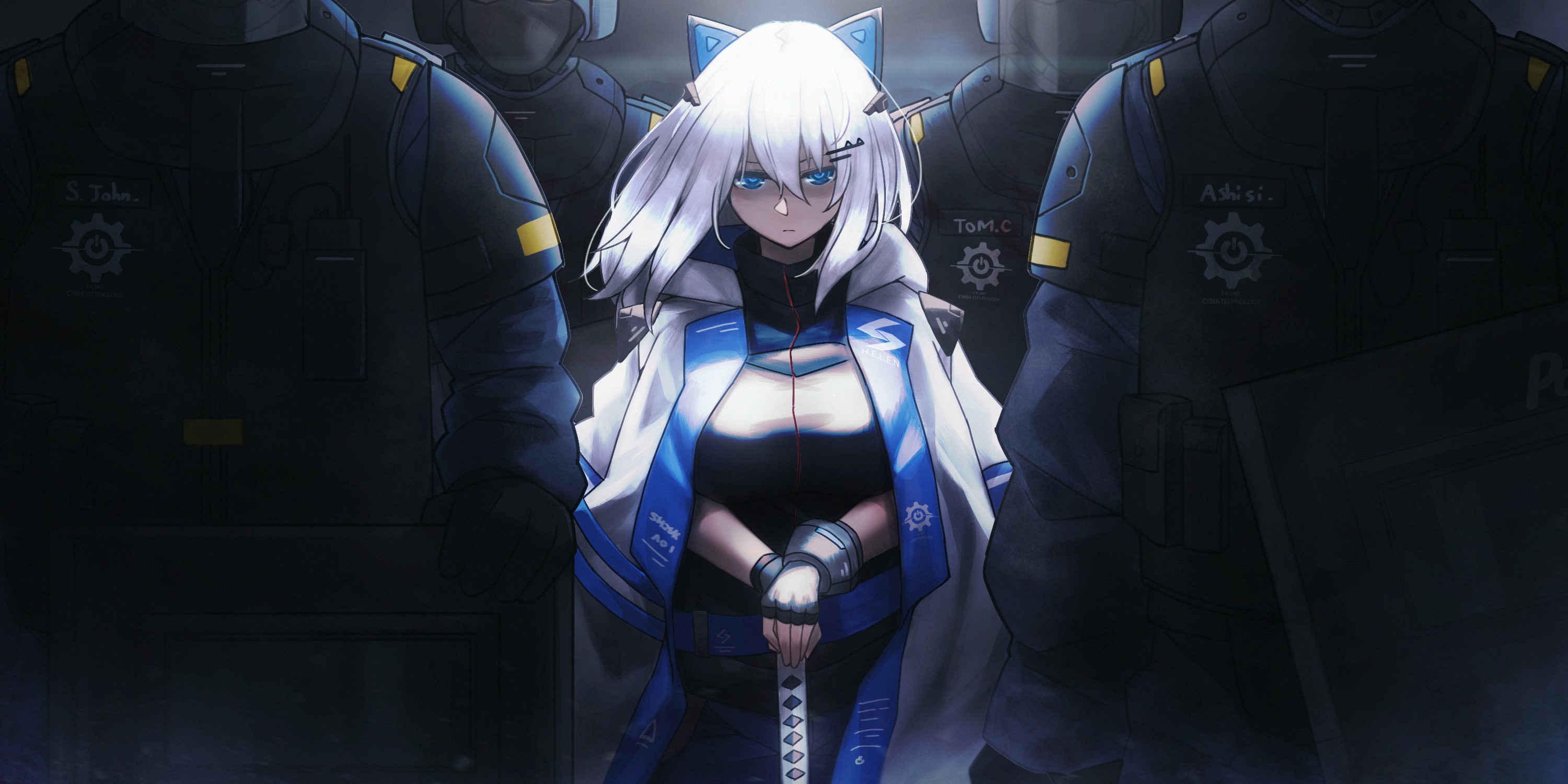 Anime girl with white hair and blue eyes surrounded by SWAT officers HD Wallpaper