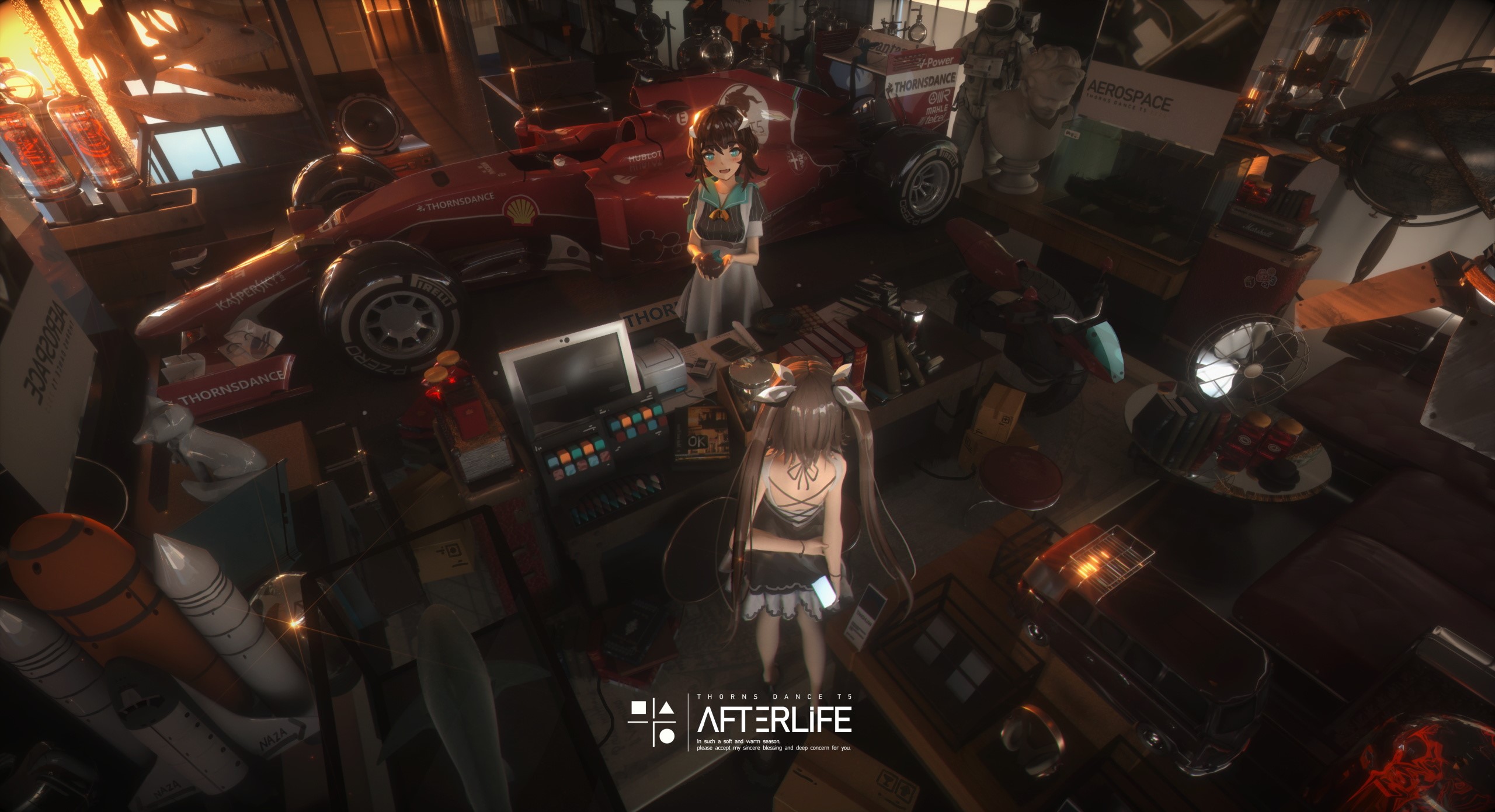 Anime girls with a race car and Afterlife logo HD Wallpaper