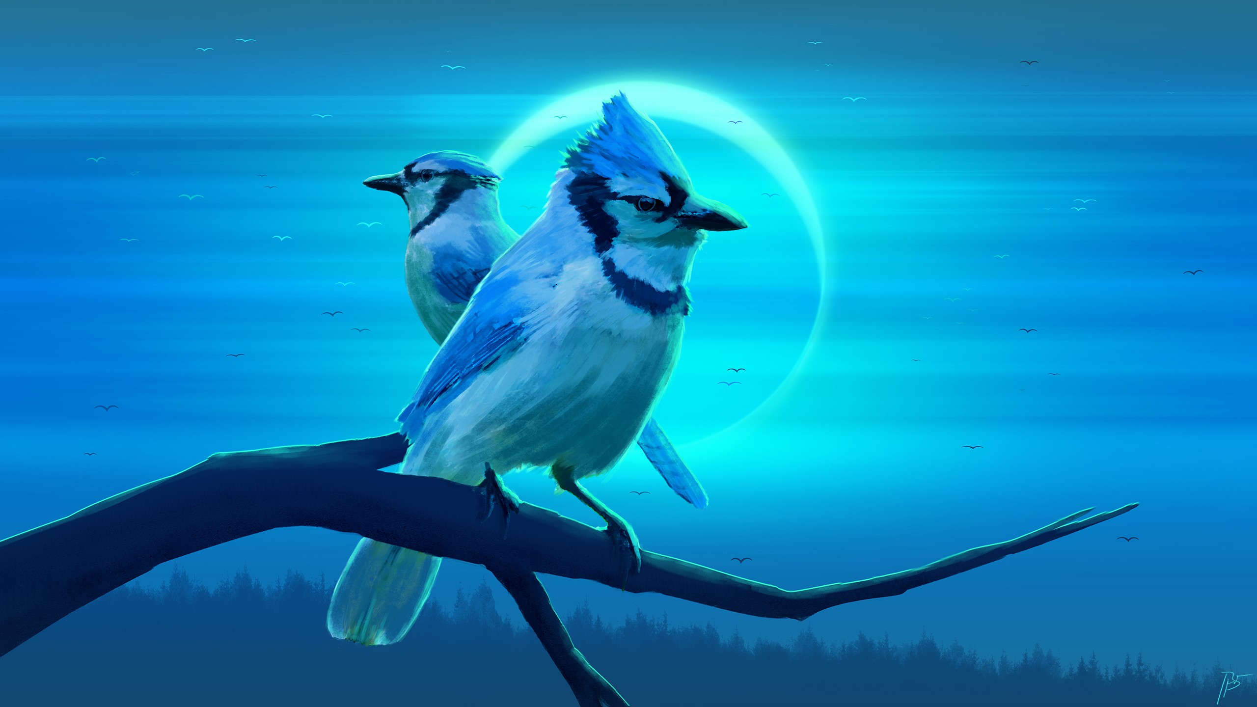 Two Blue Jays on a Branch with a Lunar Eclipse HD Wallpaper