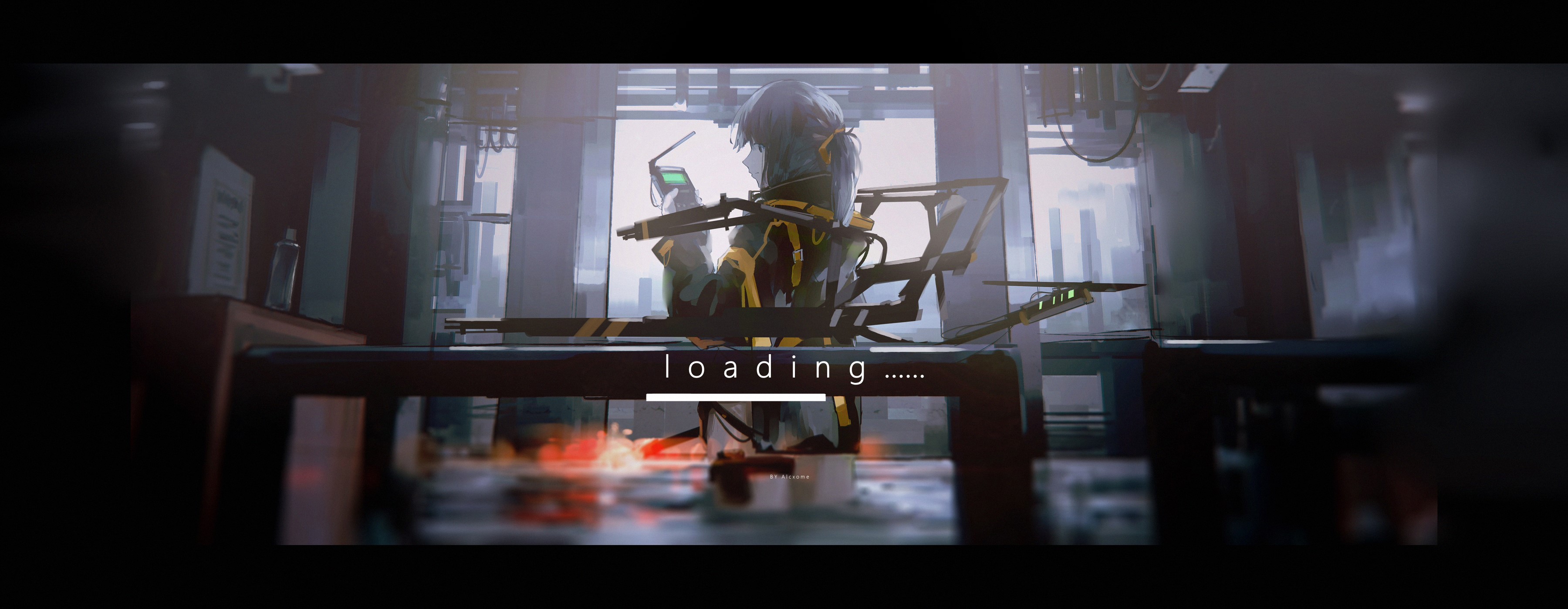Anime girl with drone and loading bar HD Wallpaper