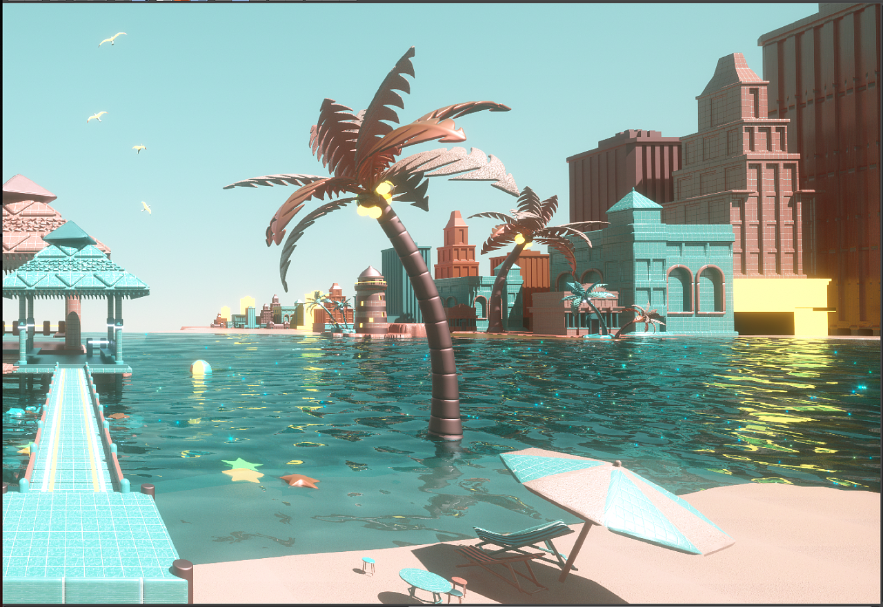 Digital render of a tropical city with palm trees HD Wallpaper