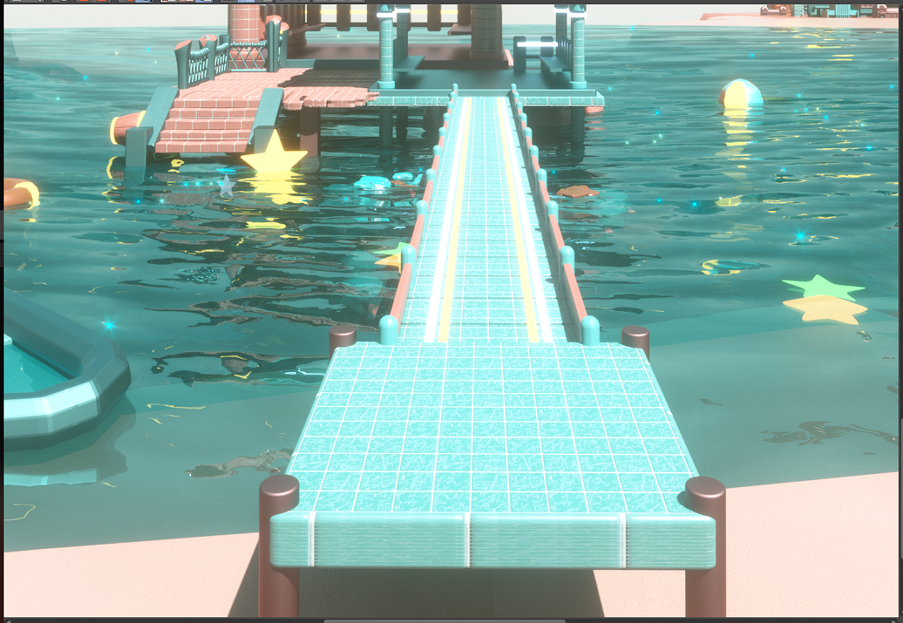 Turquoise pier over shimmering water with stars HD Wallpaper