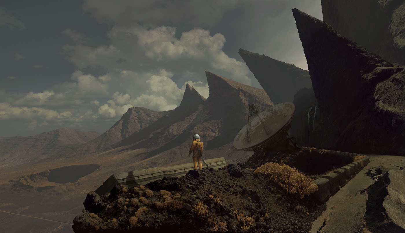 Astronaut on a desolate alien planet with mountains and satellite dish HD Wallpaper