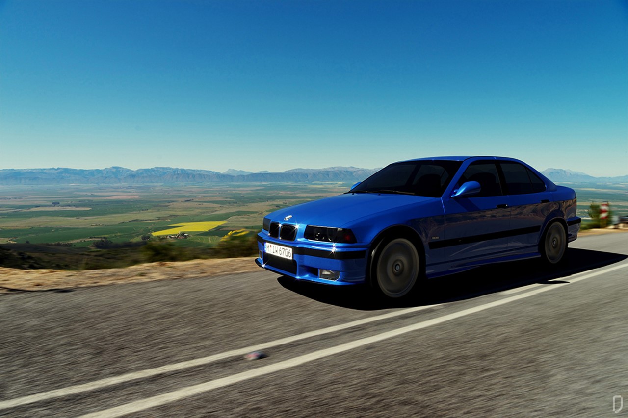 Blue BMW E36 M3 driving on a scenic road HD Wallpaper