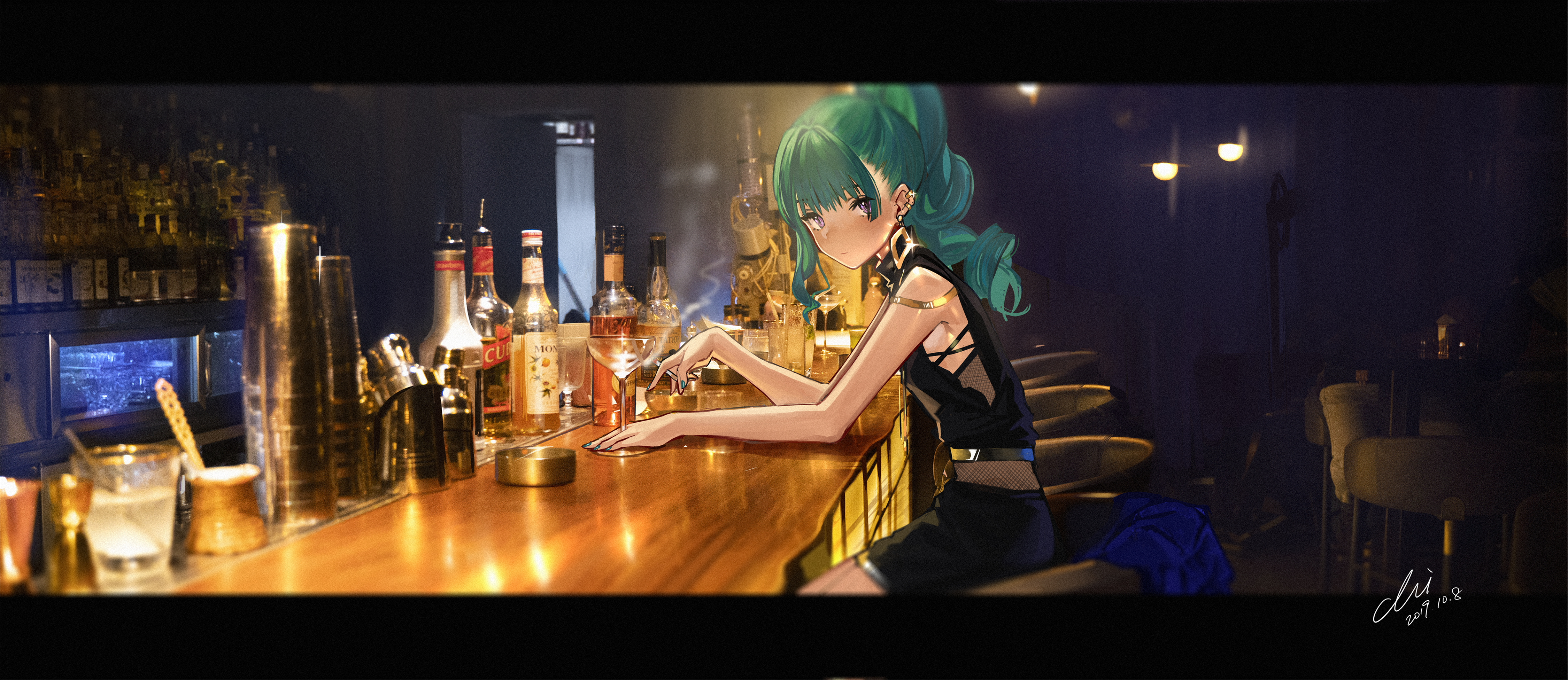 Anime girl with green hair at a bar HD Wallpaper