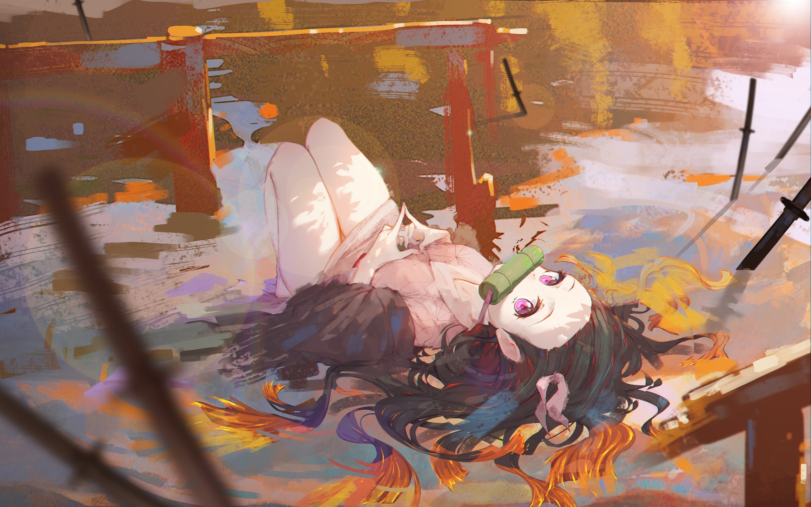 Kamado Nezuko from Kimetsu no Yaiba lying down HD Wallpaper
