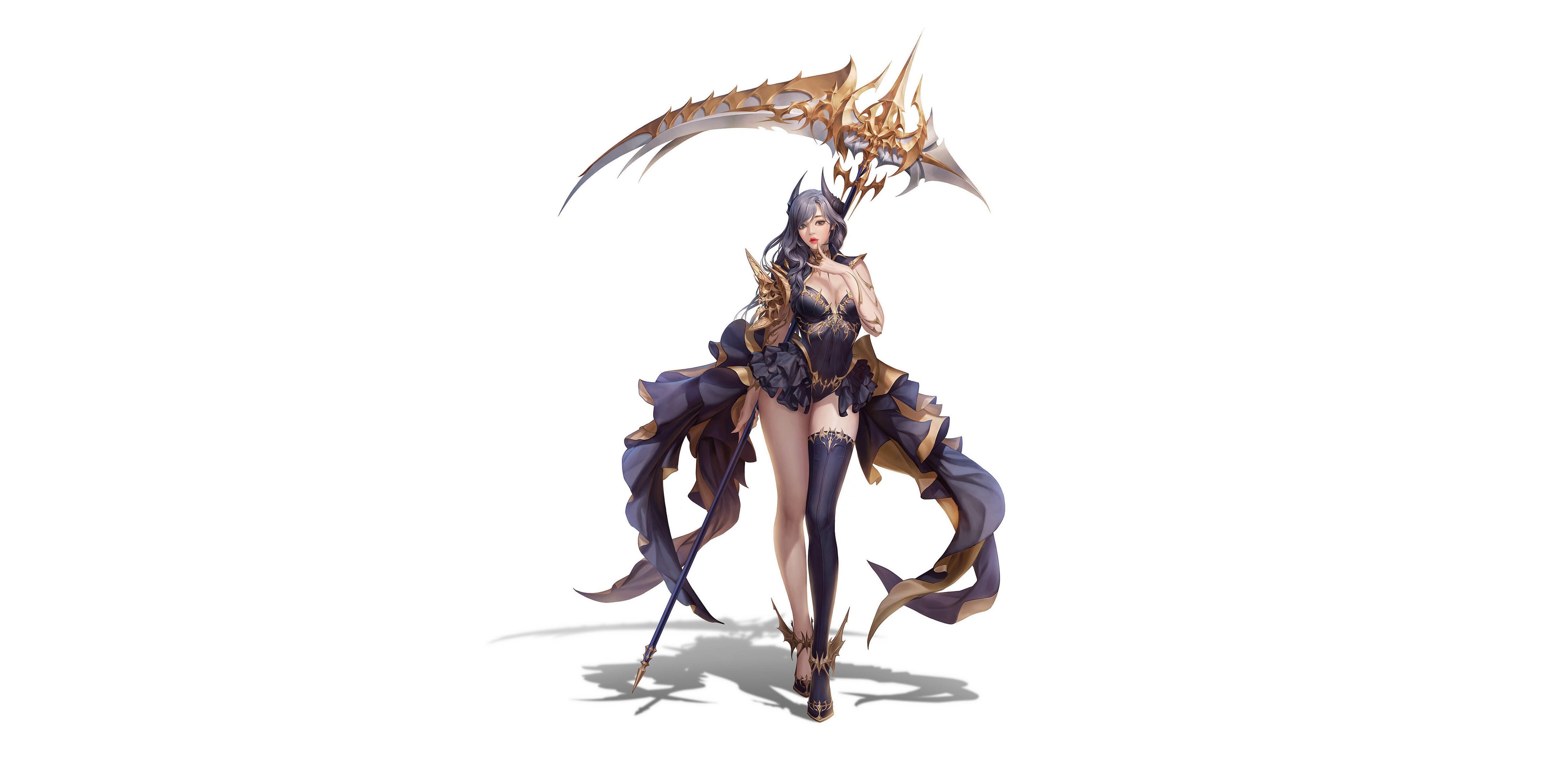 Fantasy girl with scythe on white background HD Wallpaper
