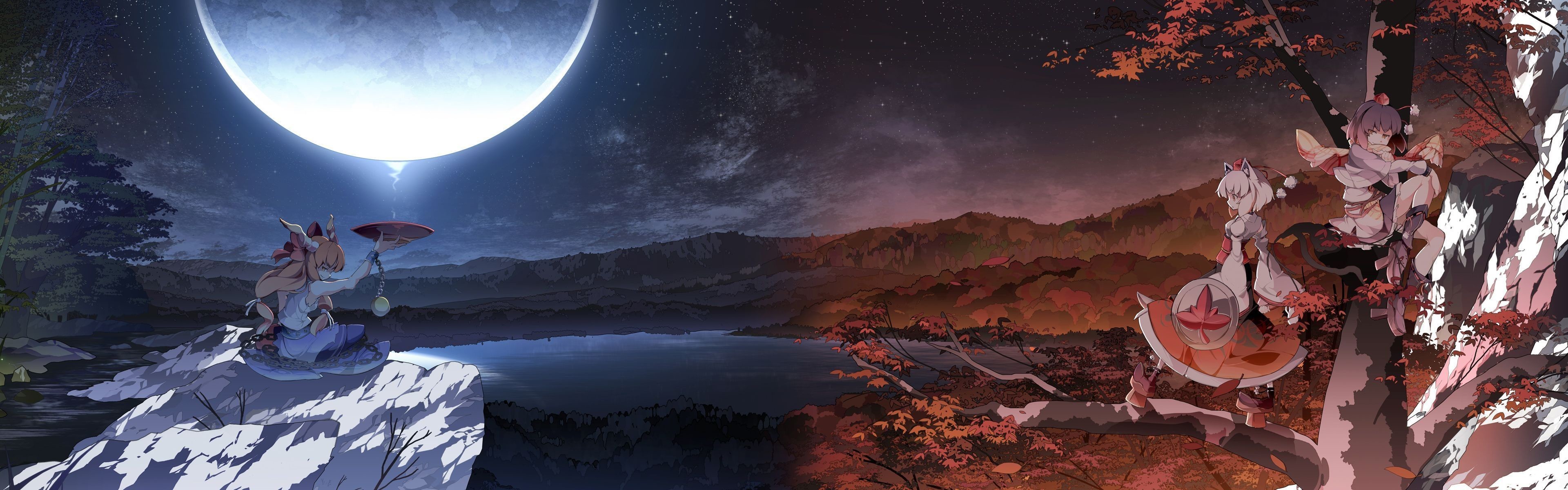 Anime girls by a lake under a large moon HD Wallpaper