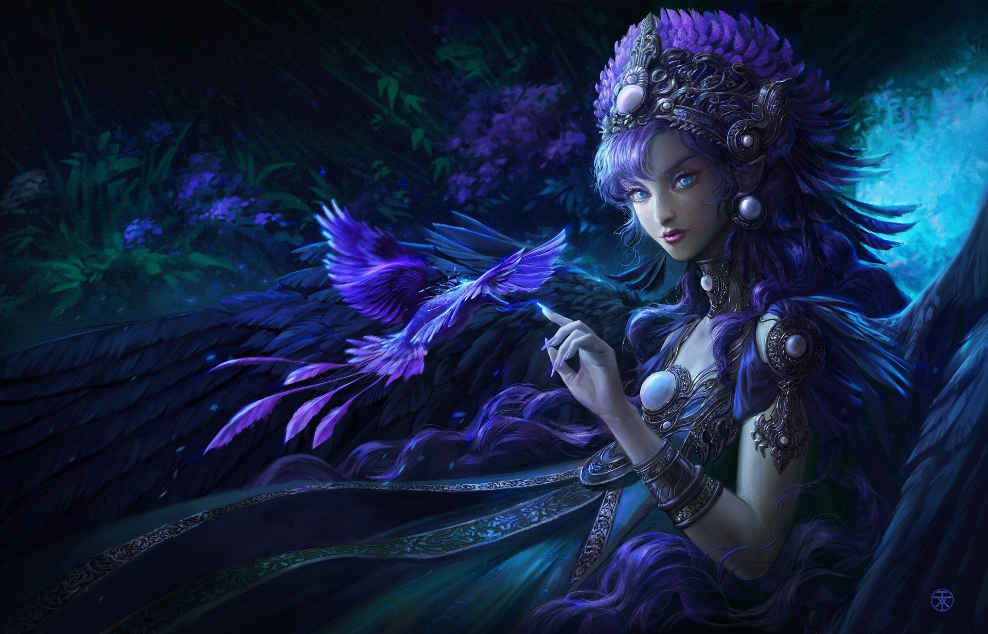 Fantasy girl with purple hair and a bird HD Wallpaper