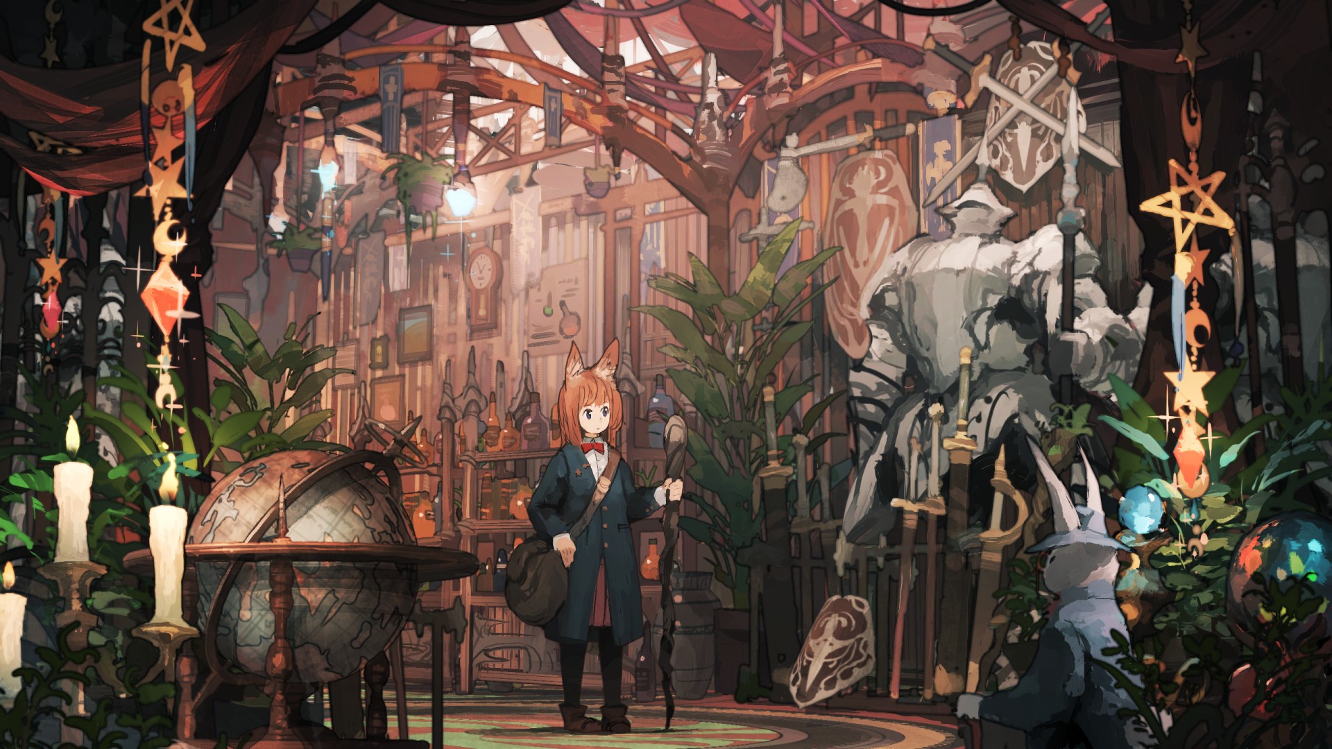 Anime girl with cat ears in a magical shop HD Wallpaper