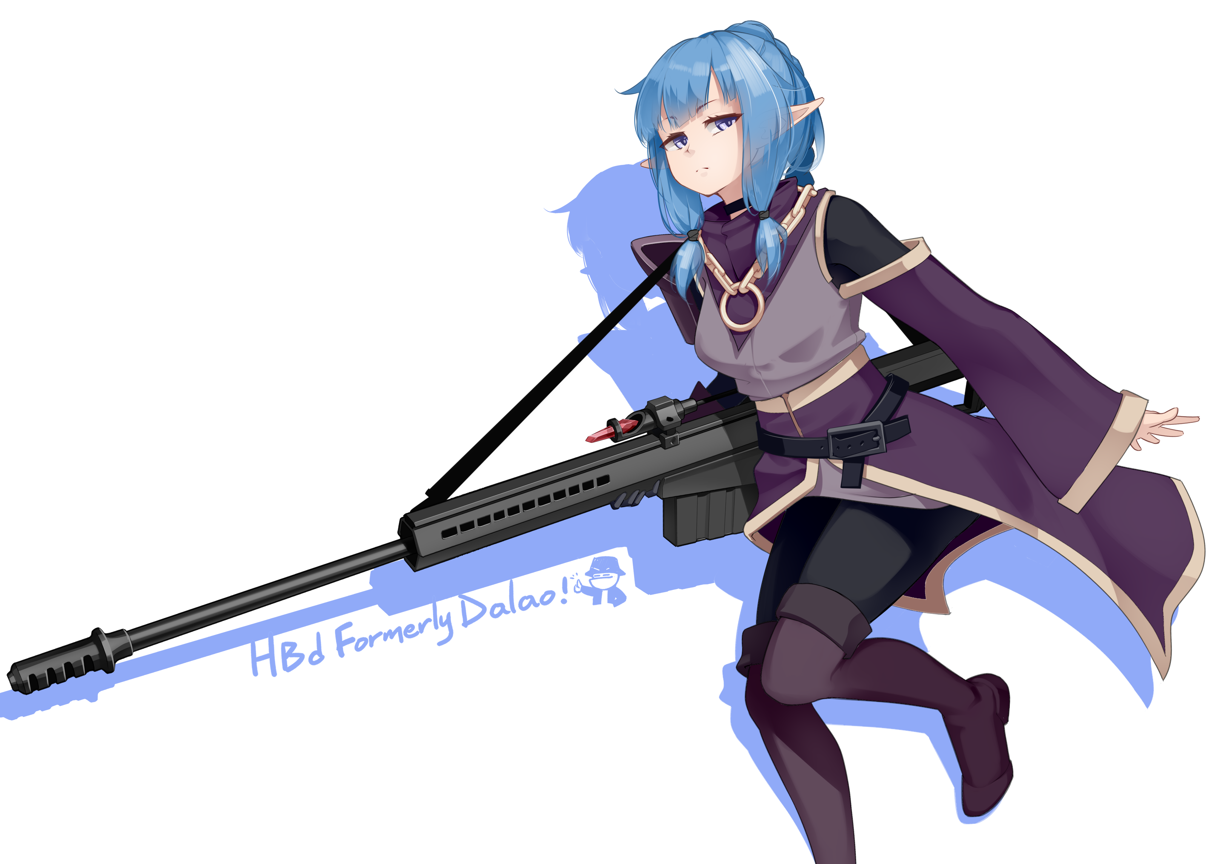 Anime girl with blue hair holding a sniper rifle HD Wallpaper