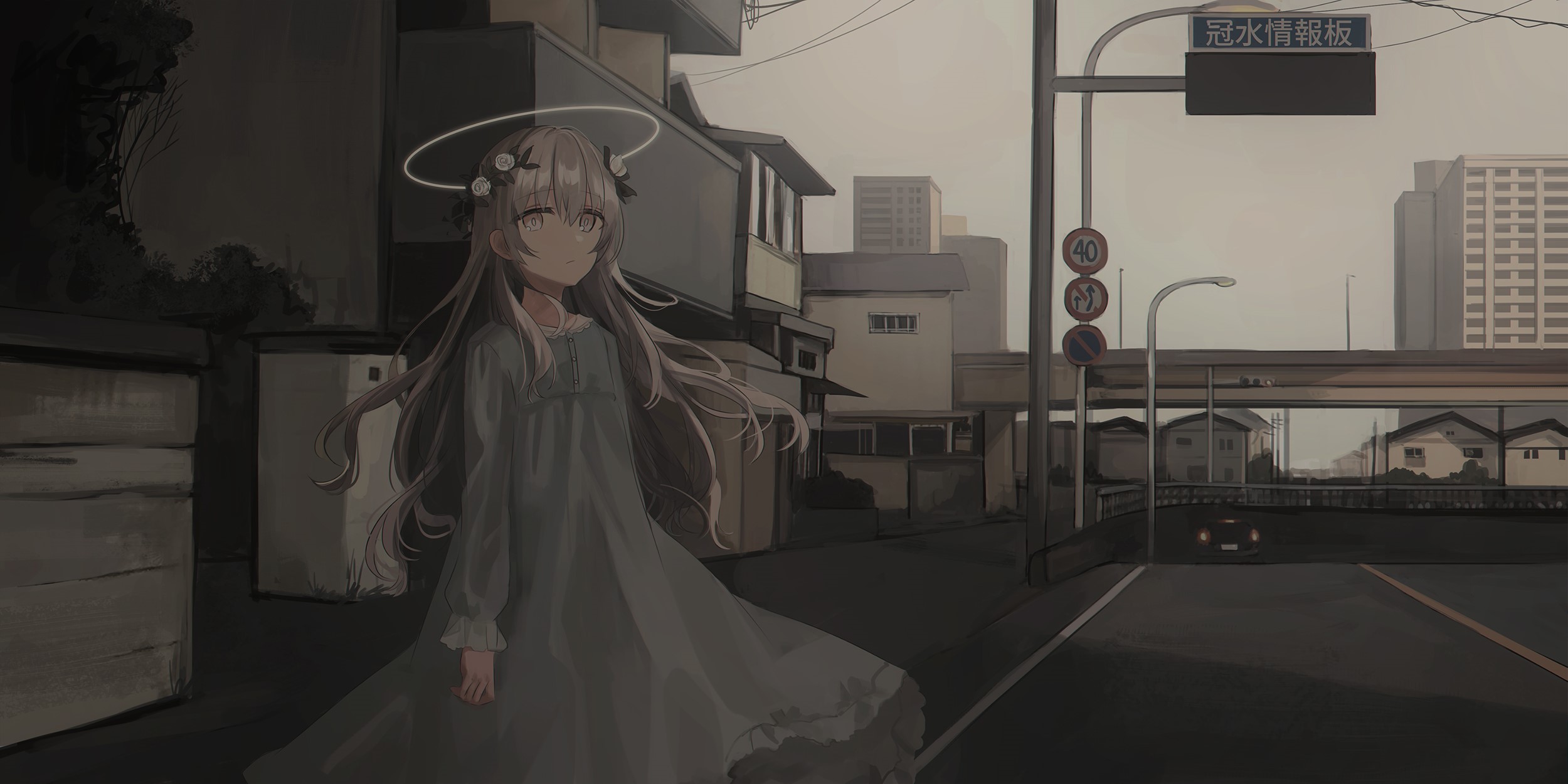 Anime girl with halo in a city street HD Wallpaper