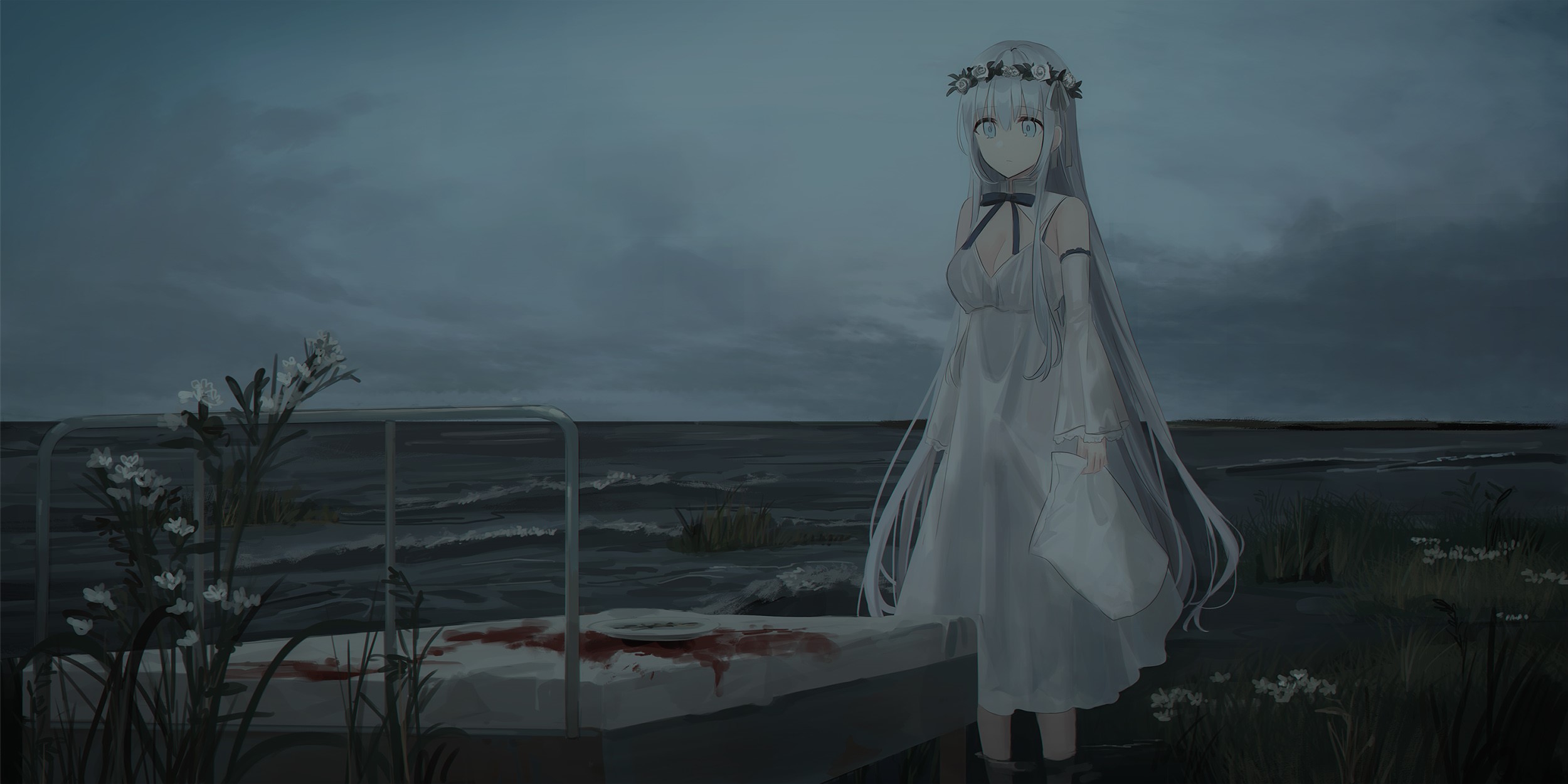 Anime girl in white dress by the sea with bloody bed HD Wallpaper