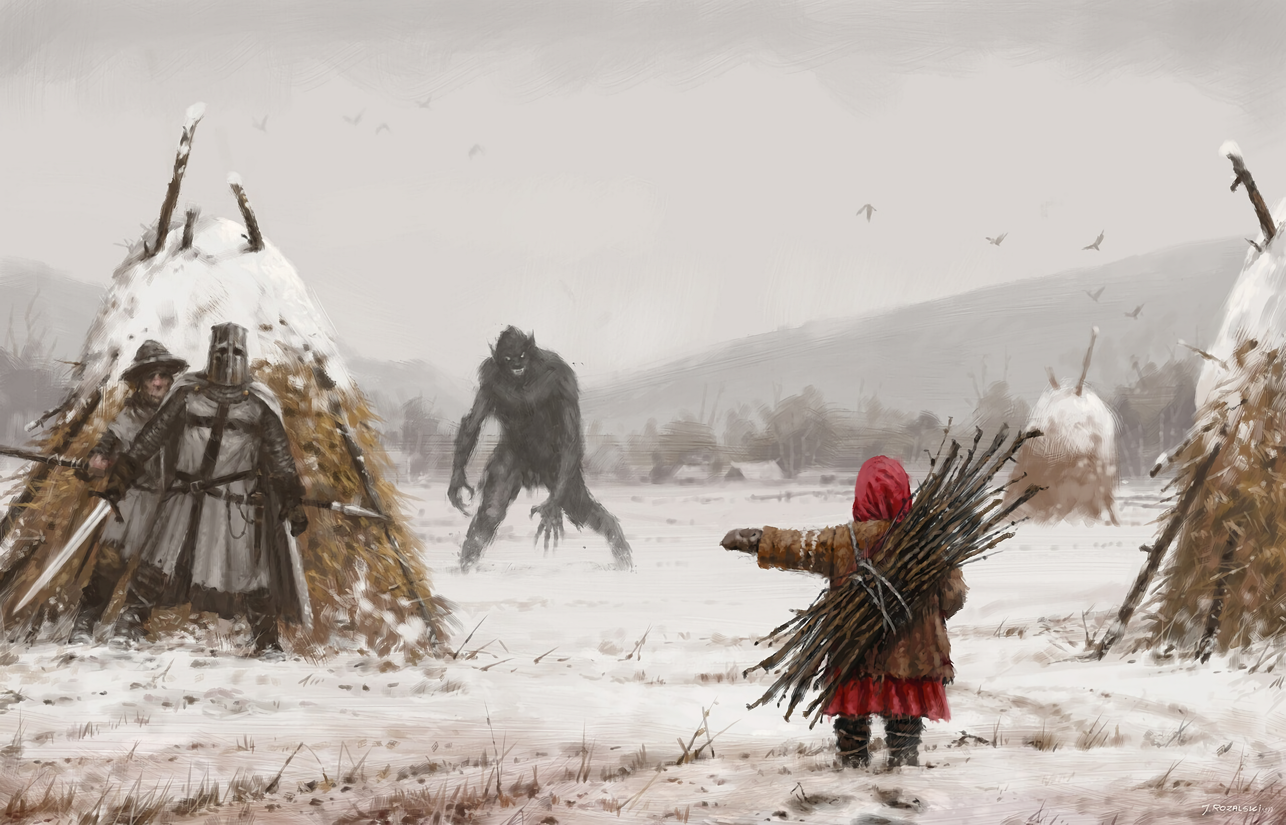 Little Red Riding Hood and knights face a werewolf in the snow HD Wallpaper