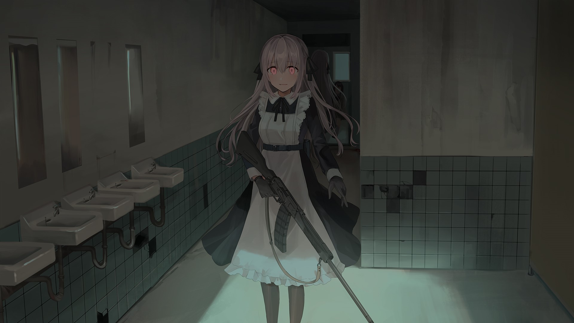 Anime girl in maid outfit with shotgun HD Wallpaper