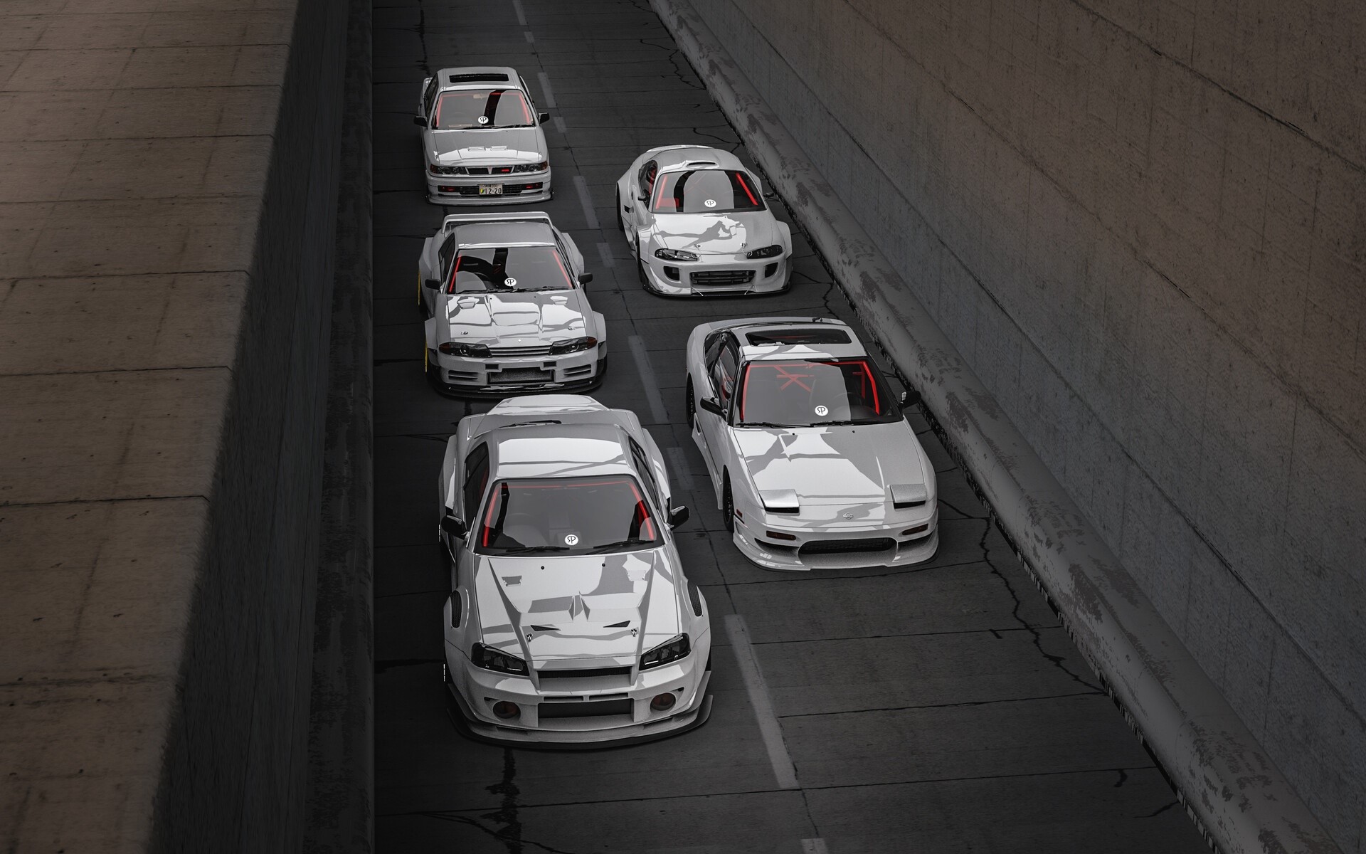 Group of modified Japanese sports cars in a tunnel HD Wallpaper