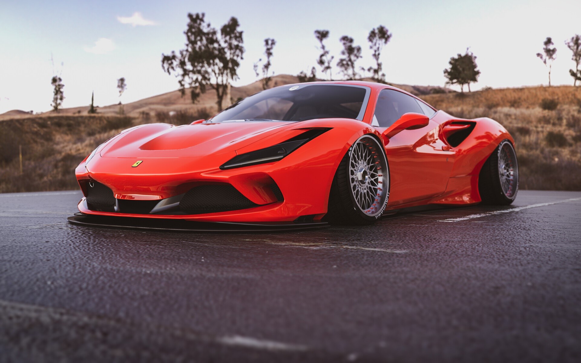 Red Ferrari sports car with custom wheels HD Wallpaper