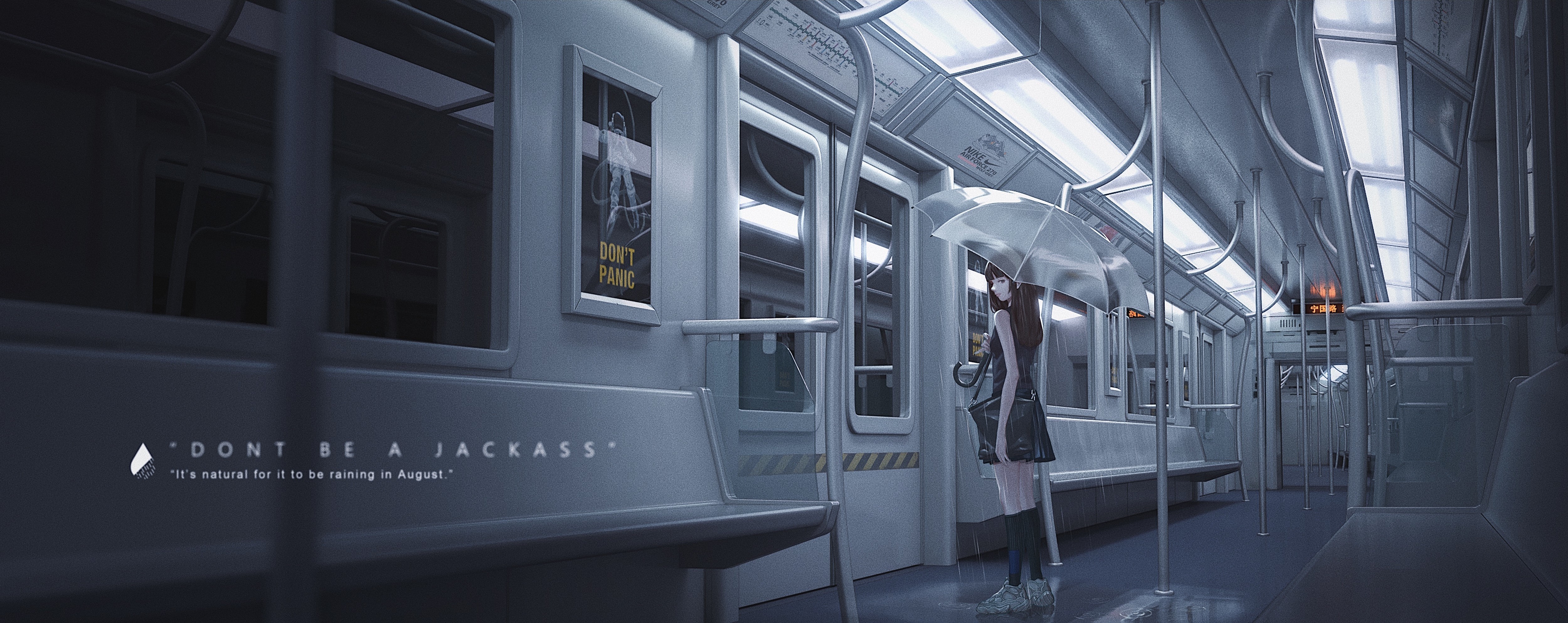 Anime girl with umbrella in subway HD Wallpaper