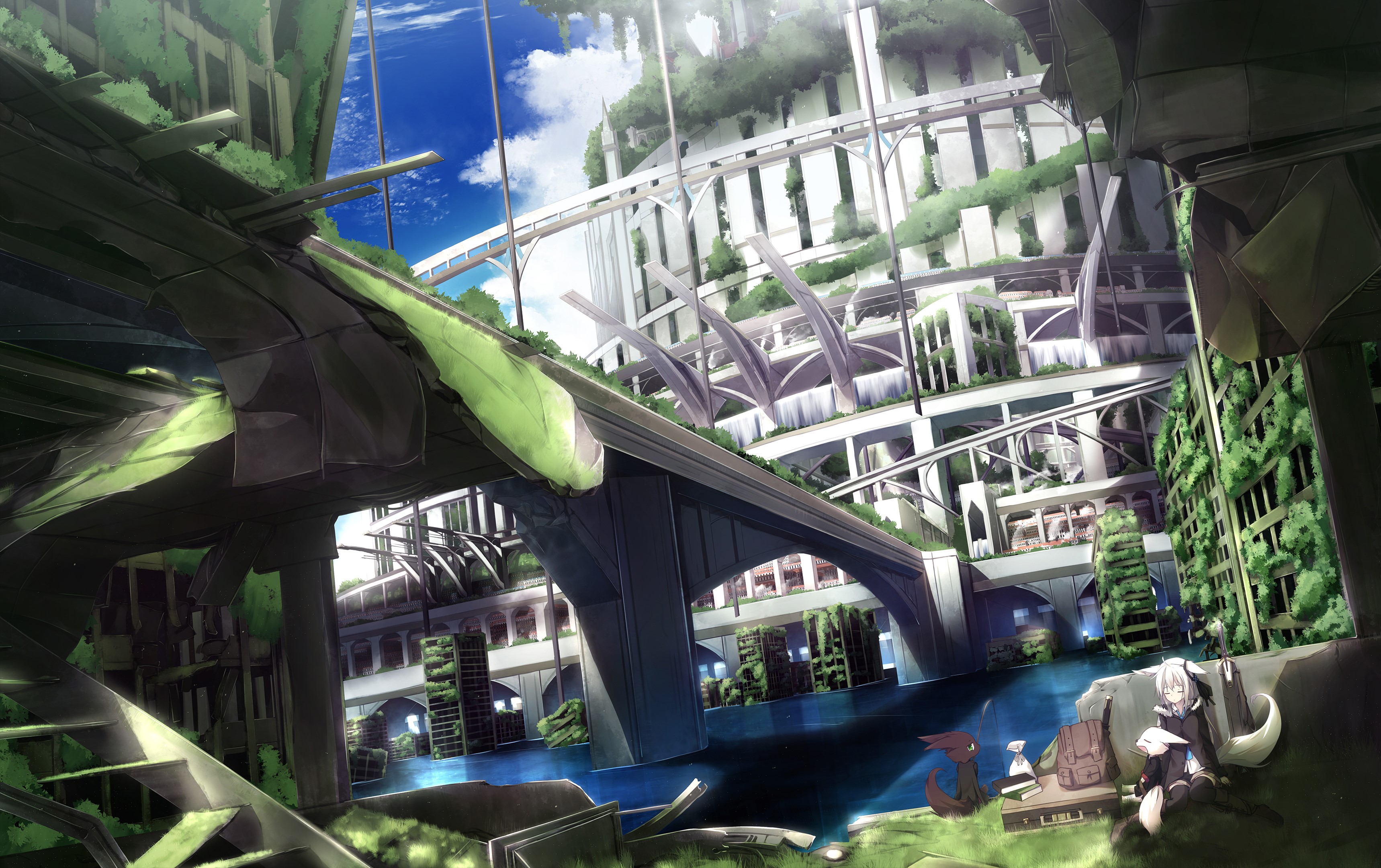Anime girl and creature in overgrown ruined city HD Wallpaper