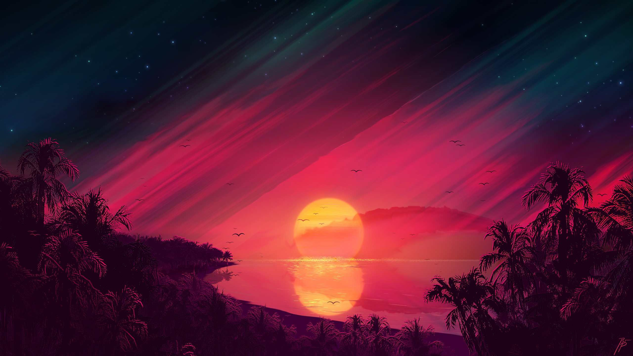 Artwork of a tropical sunset with palm trees and birds HD Wallpaper