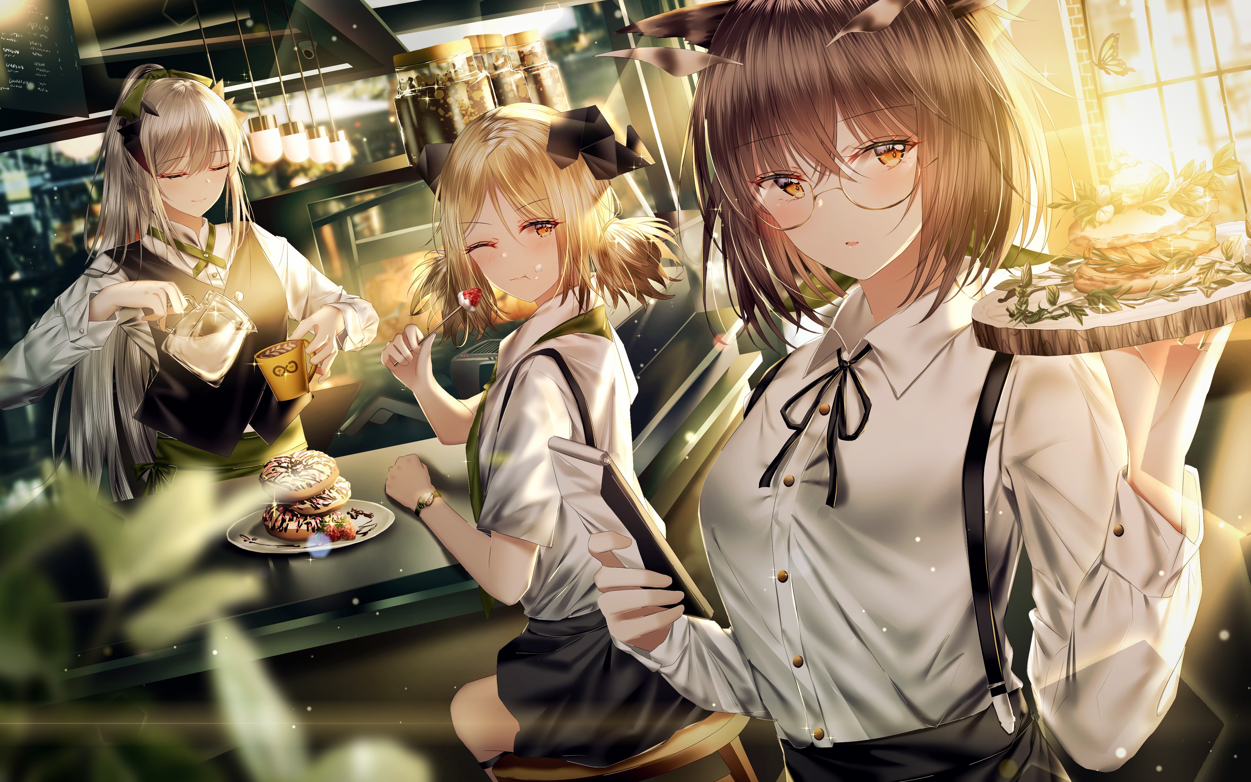 Anime girls working in a cafe HD Wallpaper