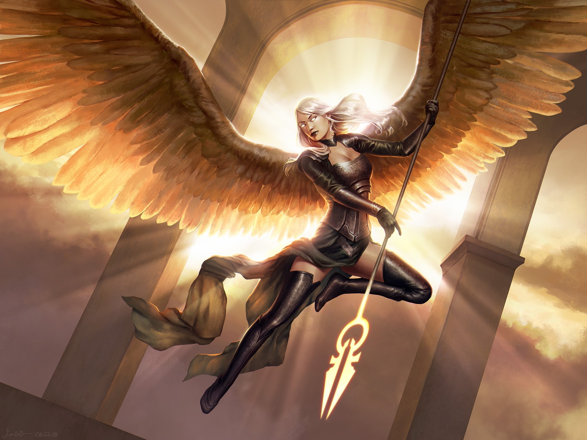 Angel warrior with golden wings holding a spear HD Wallpaper
