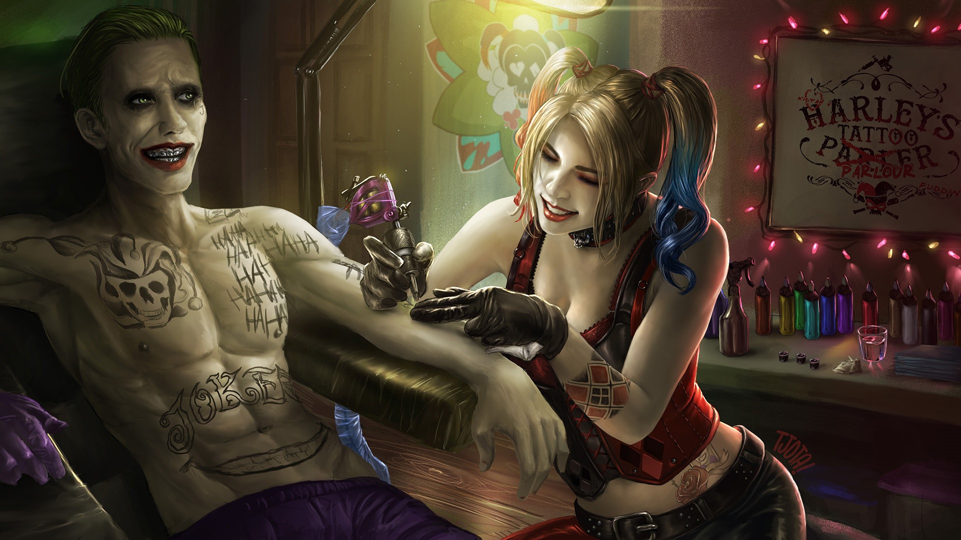 Harley Quinn tattooing Joker in a tattoo parlor HD Wallpaper