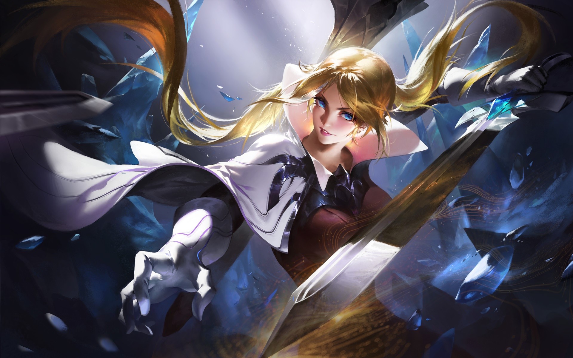 Fantasy girl with blonde hair and blue eyes wielding a sword HD Wallpaper