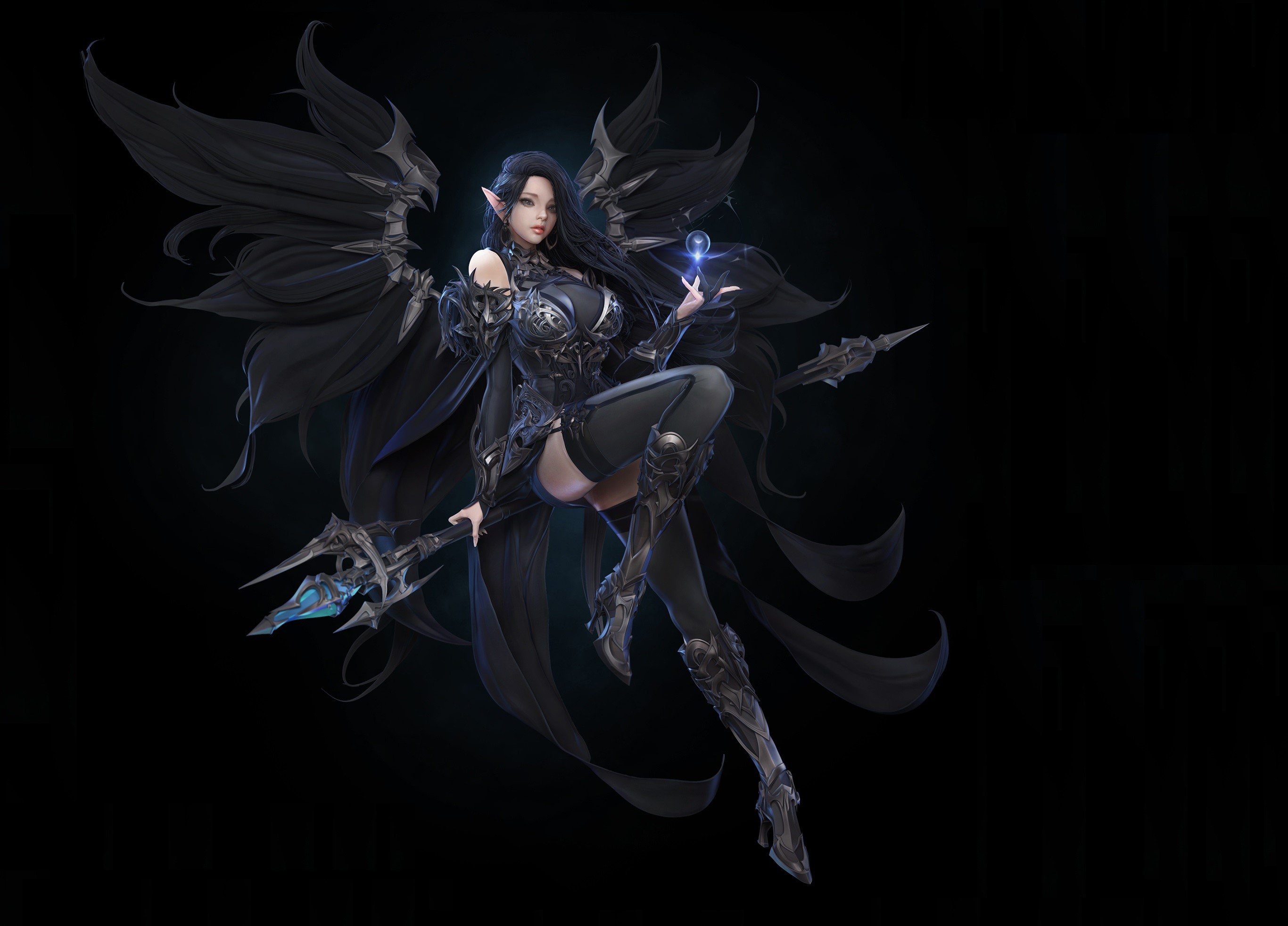 Dark Elf Sorceress with Wings and Staff HD Wallpaper