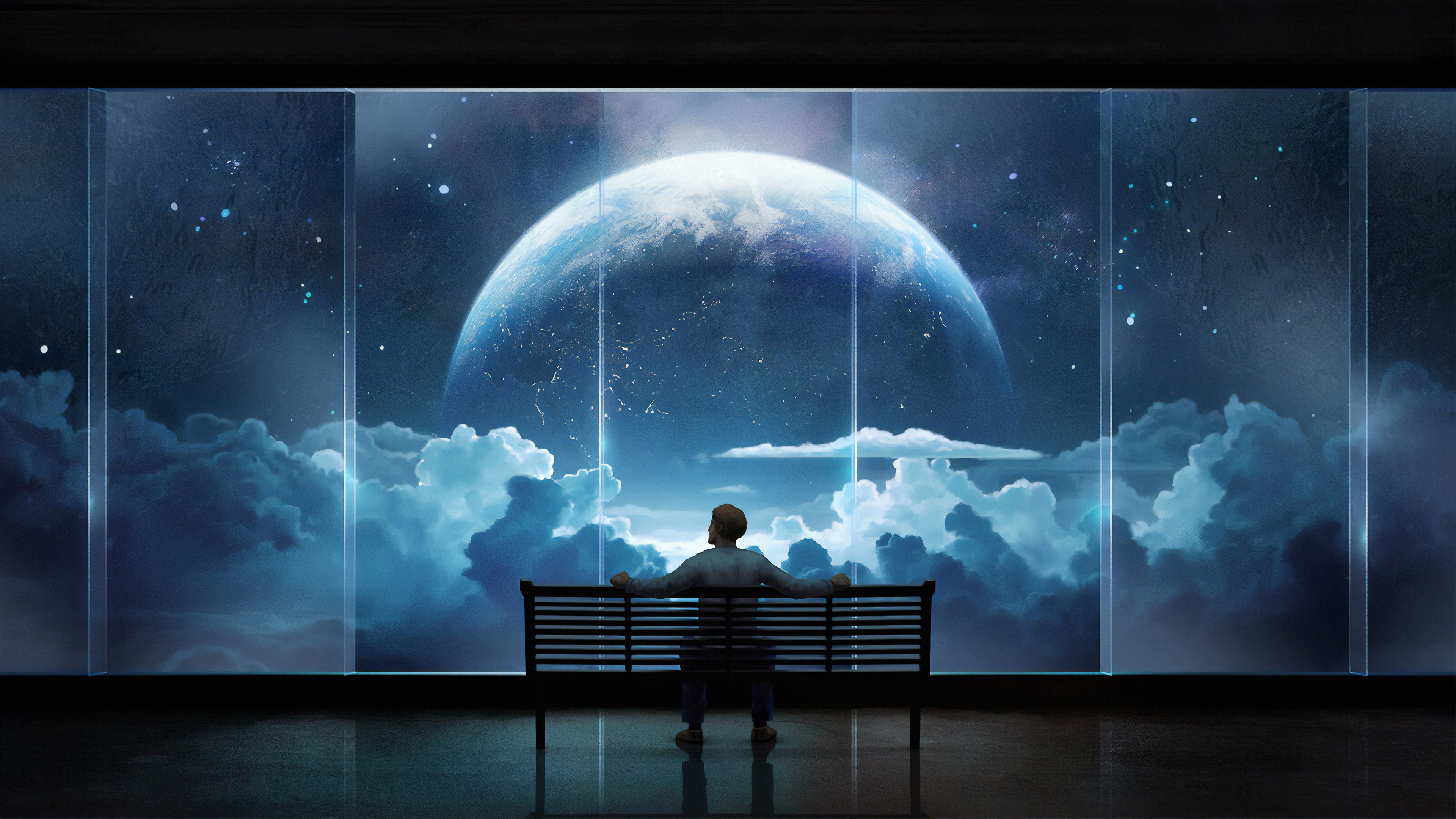 Man sitting on bench looking at planet through window HD Wallpaper