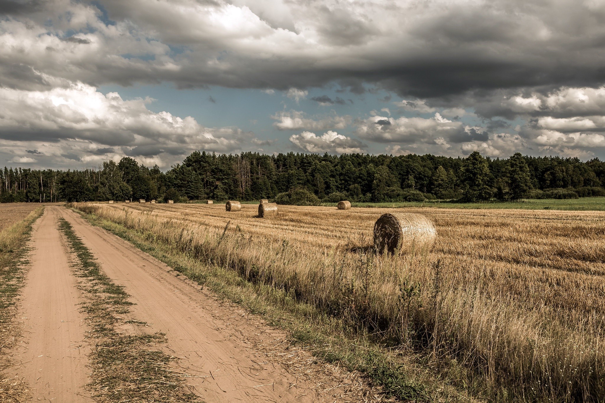 Dirt road through a harvested field with hay bales HD Wallpaper