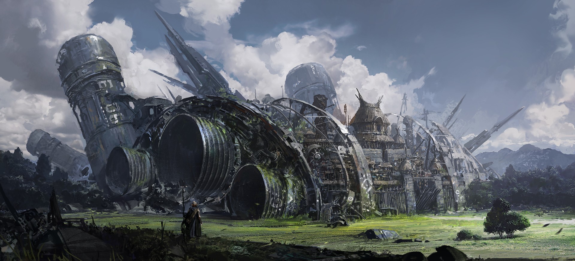Ruined spaceship with settlement in a field HD Wallpaper
