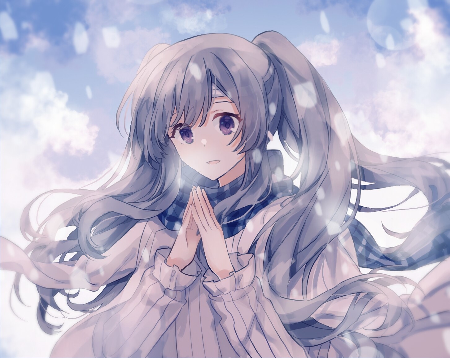 Anime girl with pigtails in winter clothing HD Wallpaper