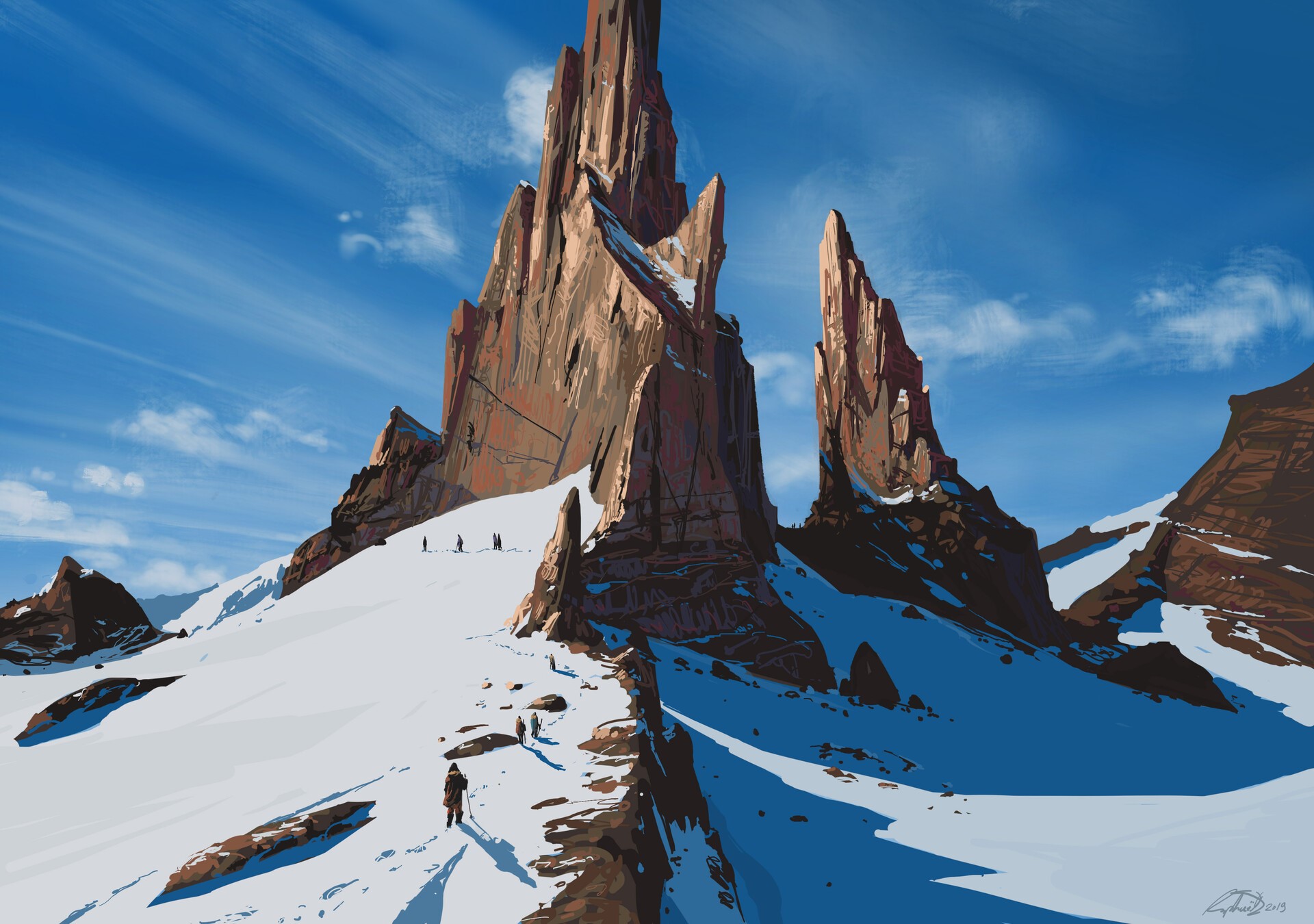 People hiking on a snowy mountain path with sharp peaks HD Wallpaper