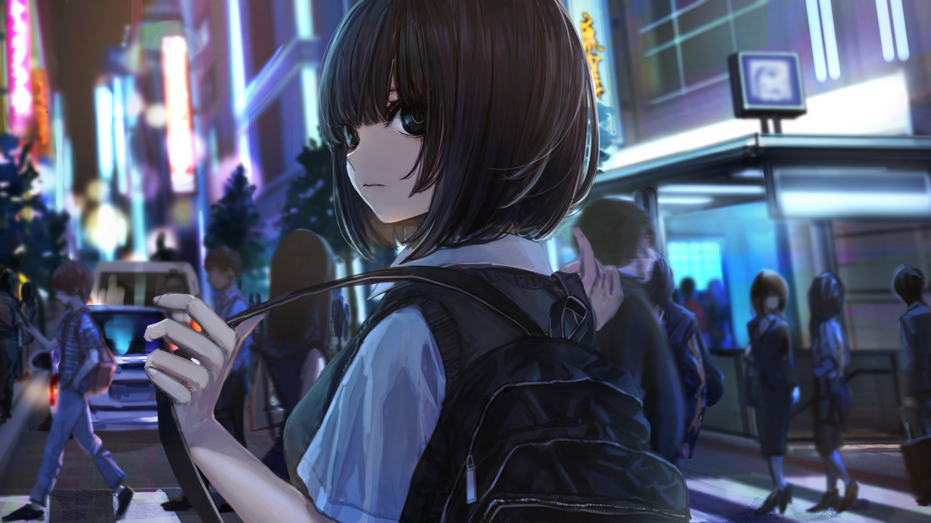 Anime girl with backpack in a busy city at night HD Wallpaper