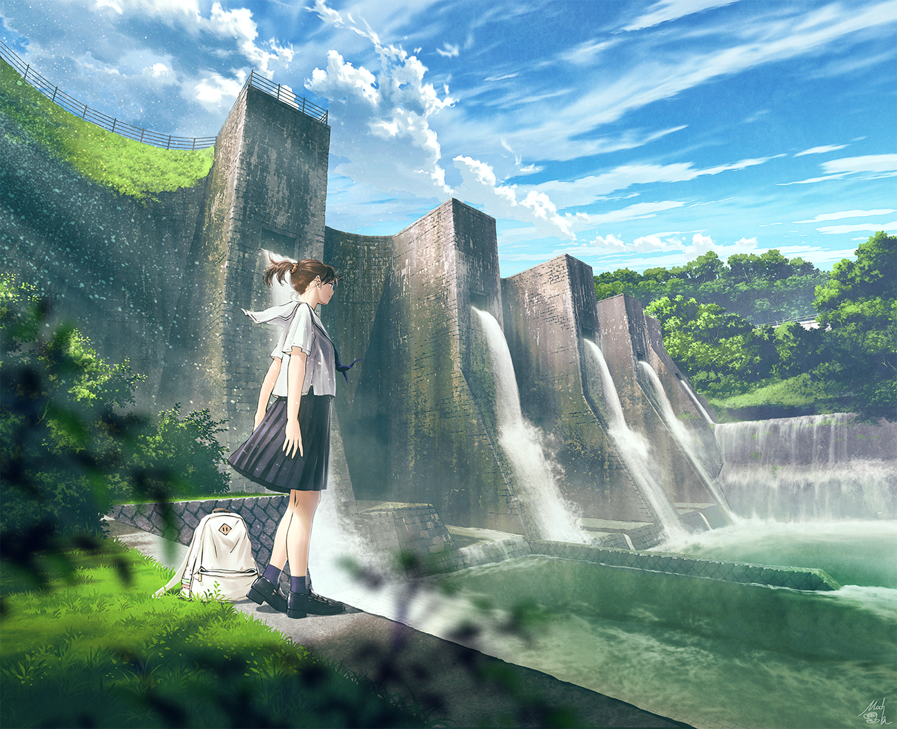 Anime girl at a dam with waterfalls HD Wallpaper