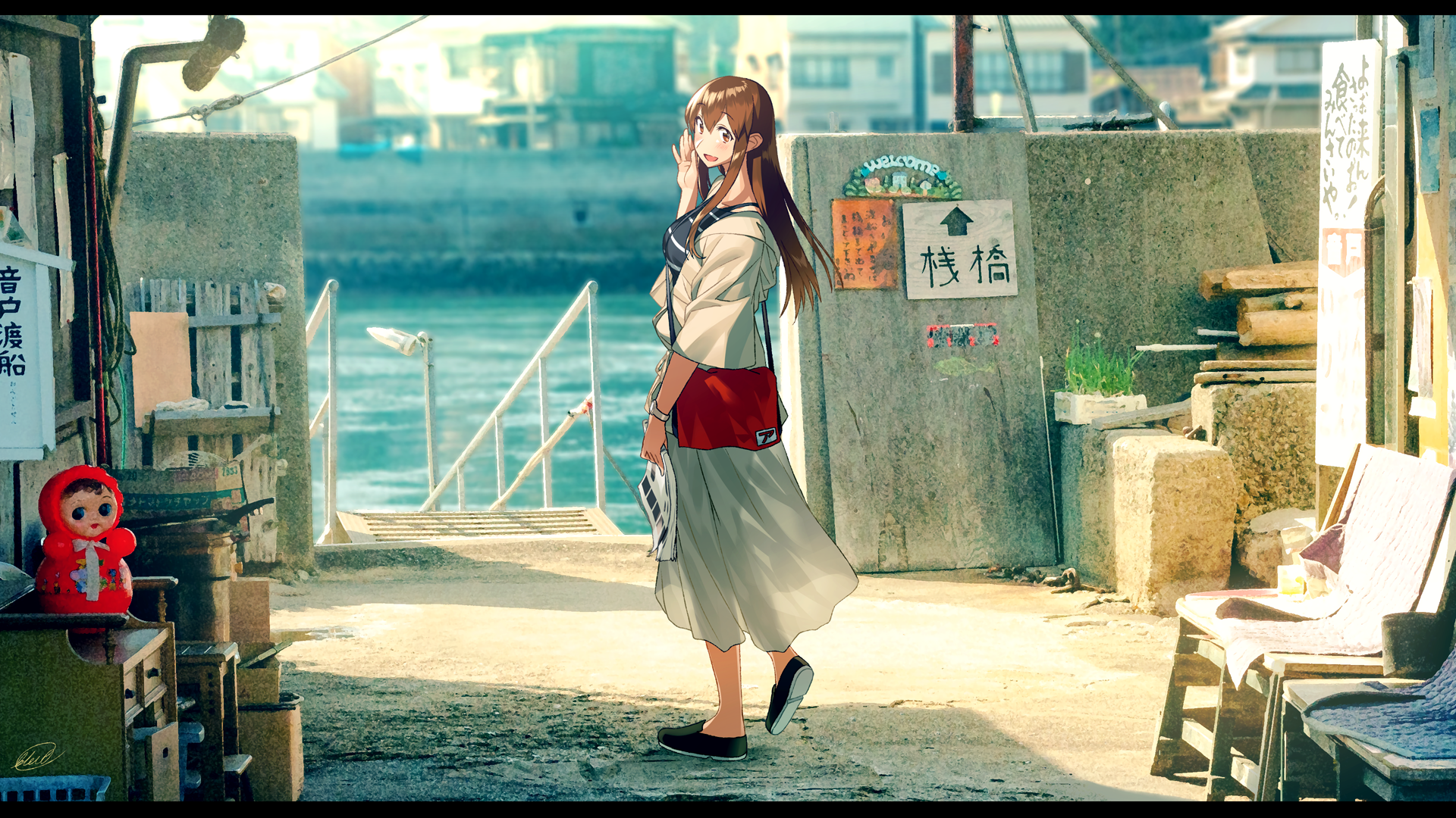 Girl in a summer dress at a Japanese harbor HD Wallpaper