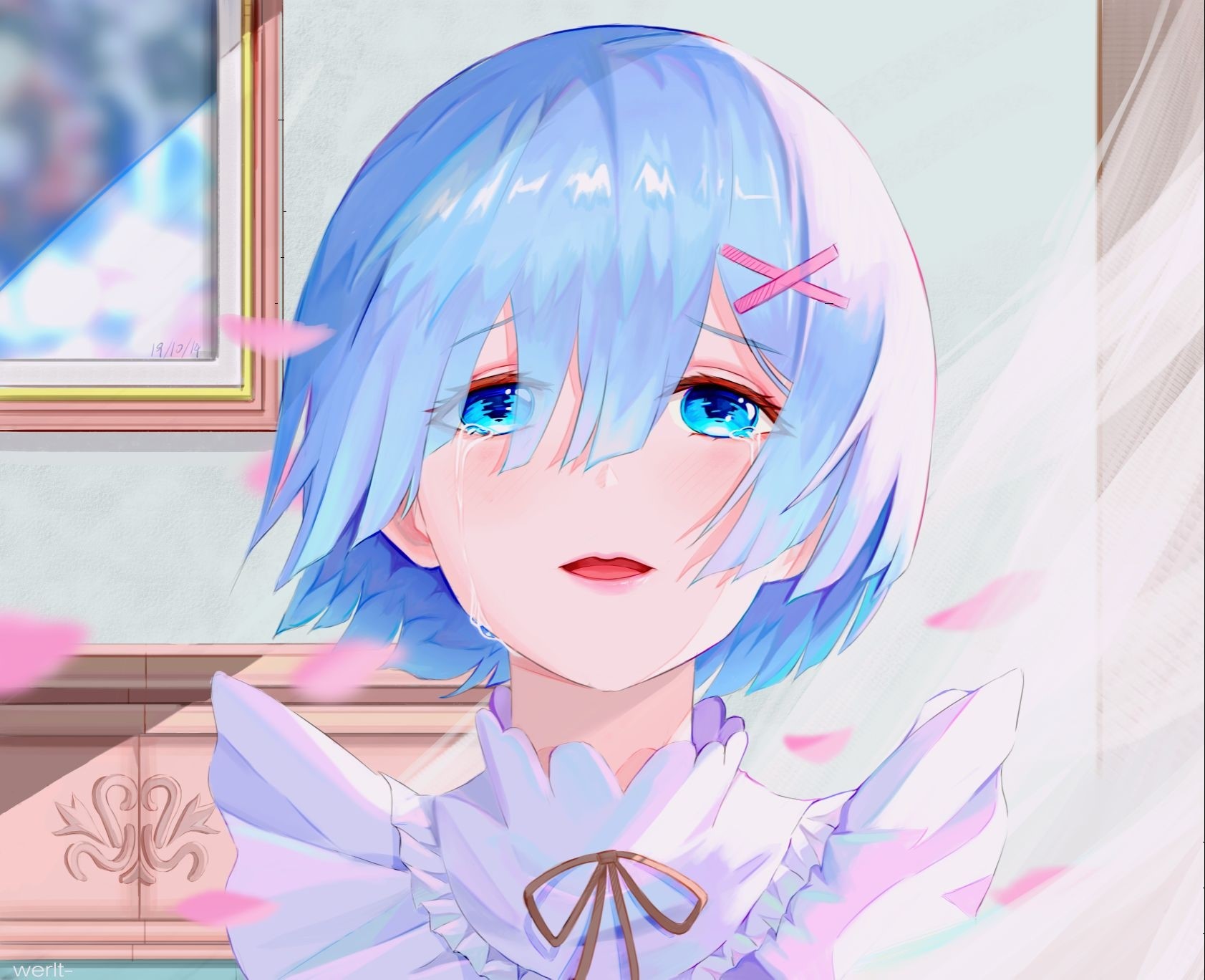 Rem from Re:Zero crying with petals HD Wallpaper